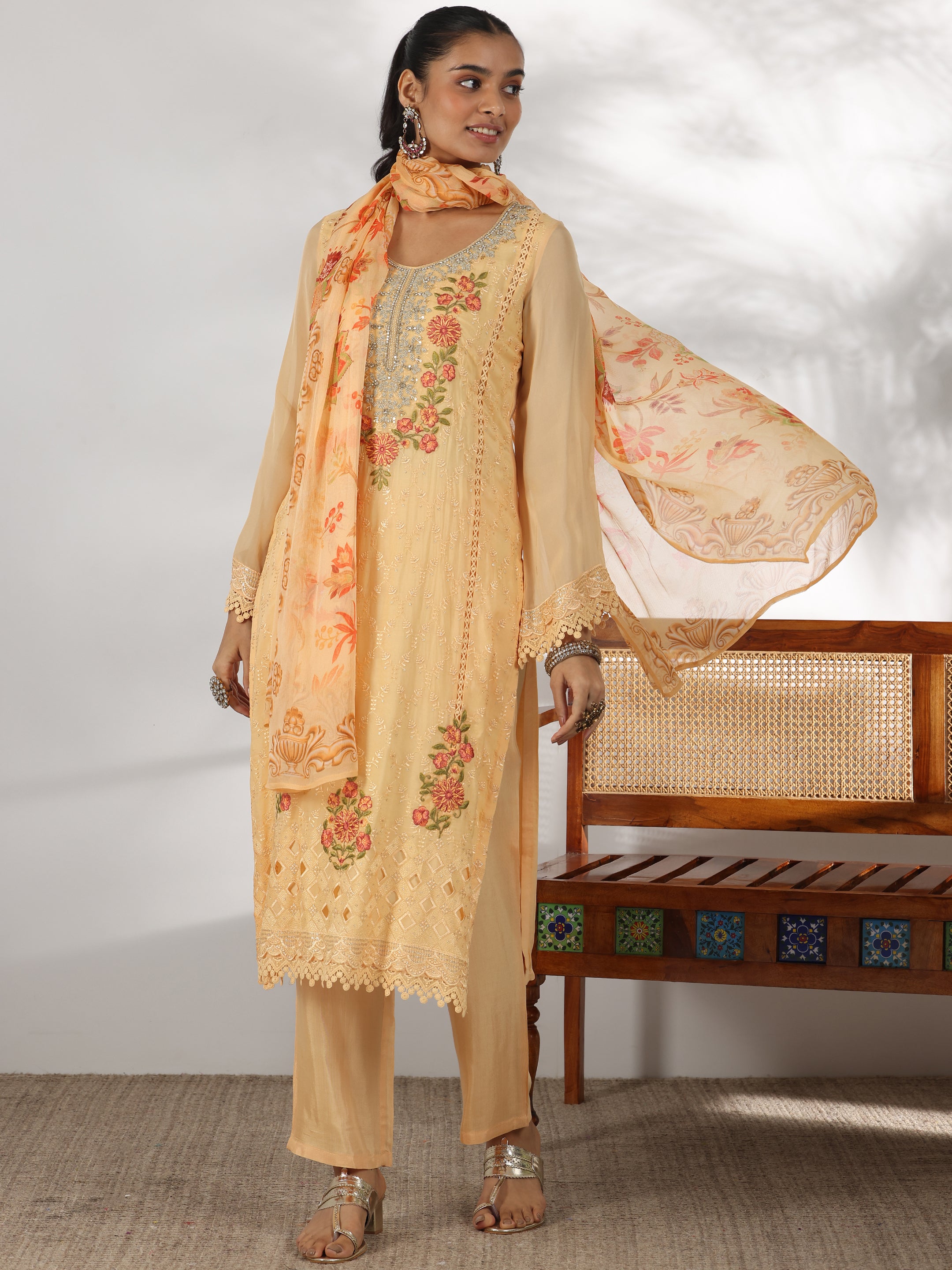 Yellow Embroidered Organza Straight Suit With Dupatta