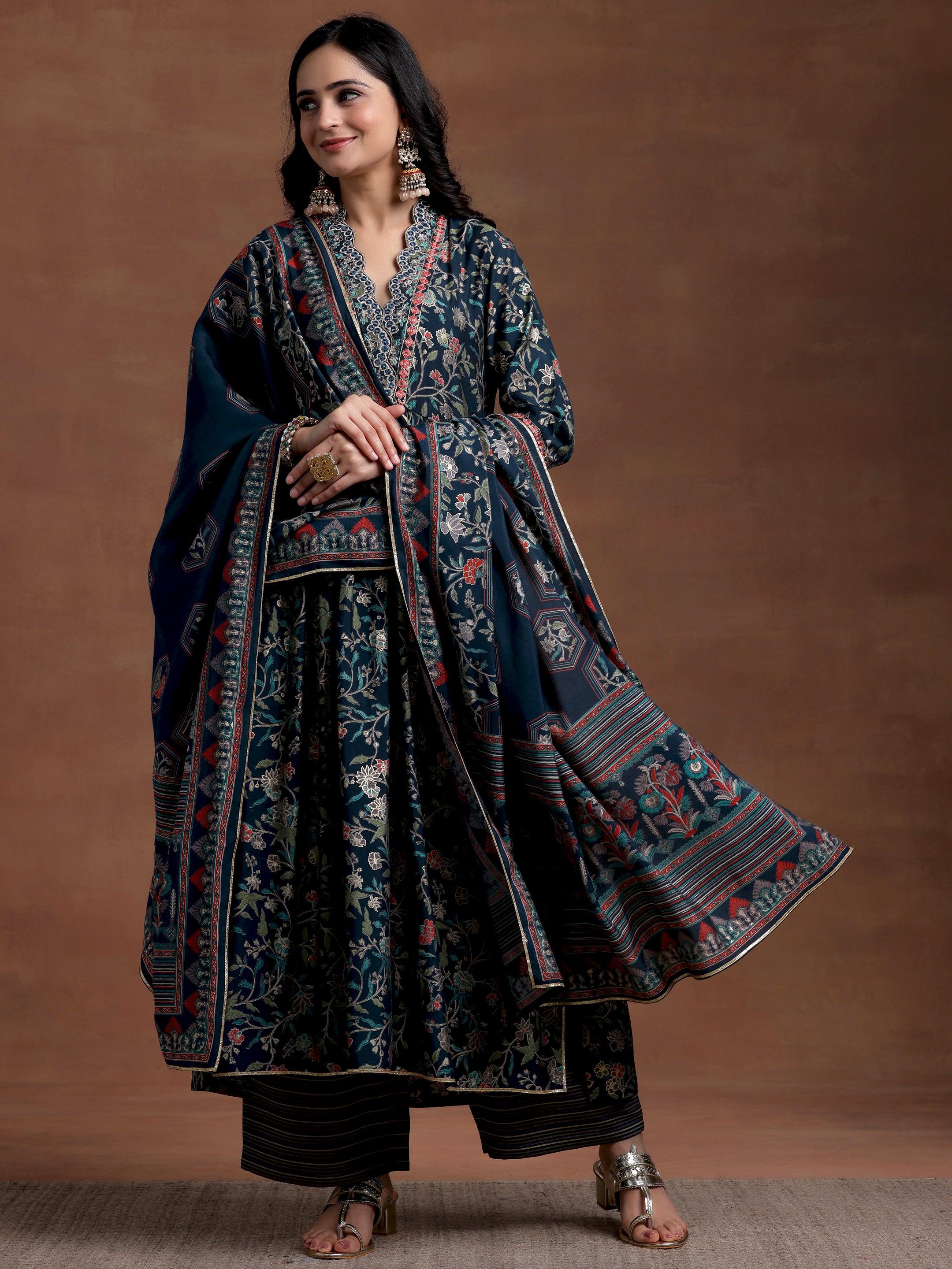 Blue Printed Silk Blend A-Line Kurta With Palazzos & Dupatta