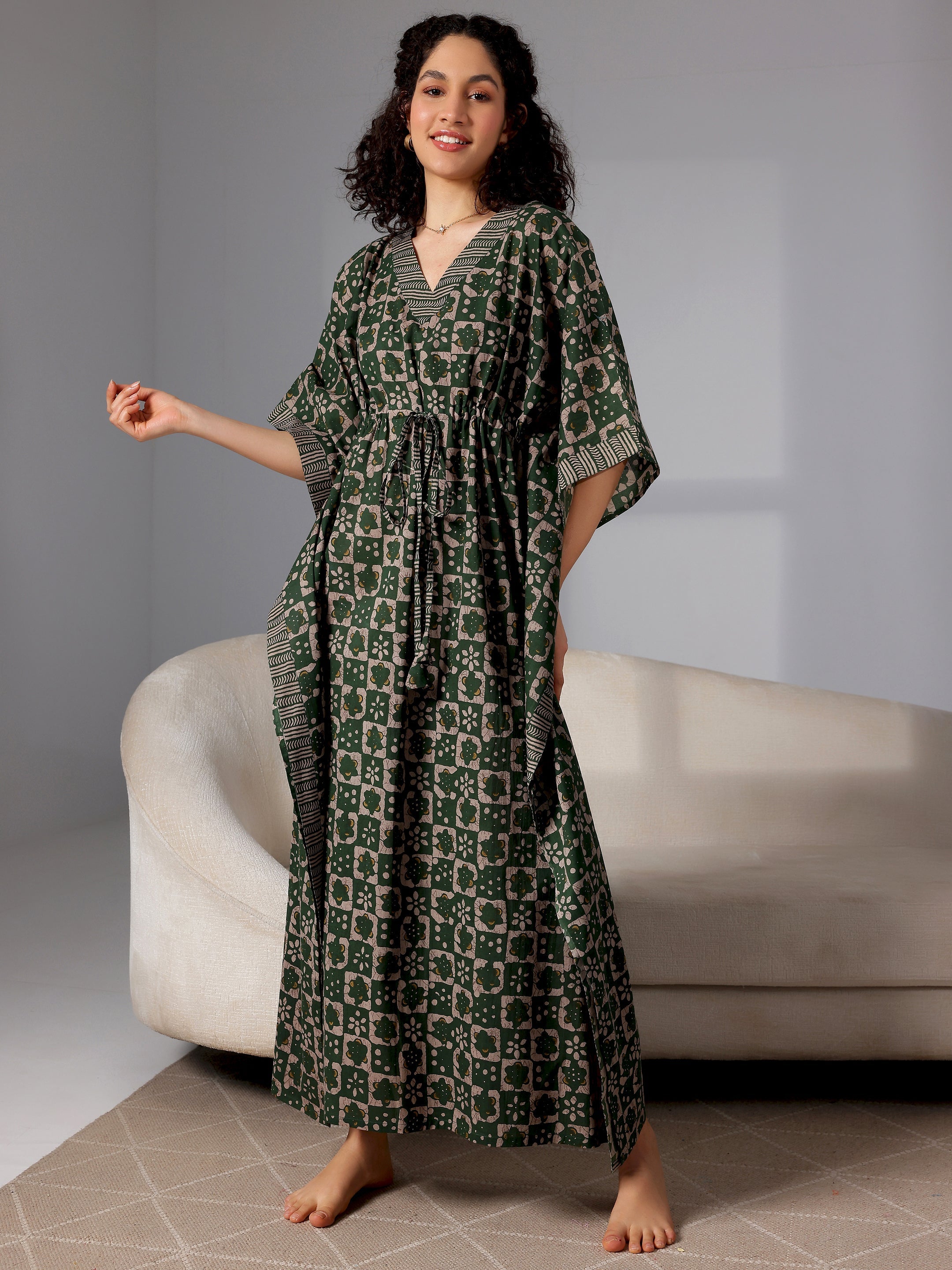 Green Printed Cotton Kaftan Night Dress