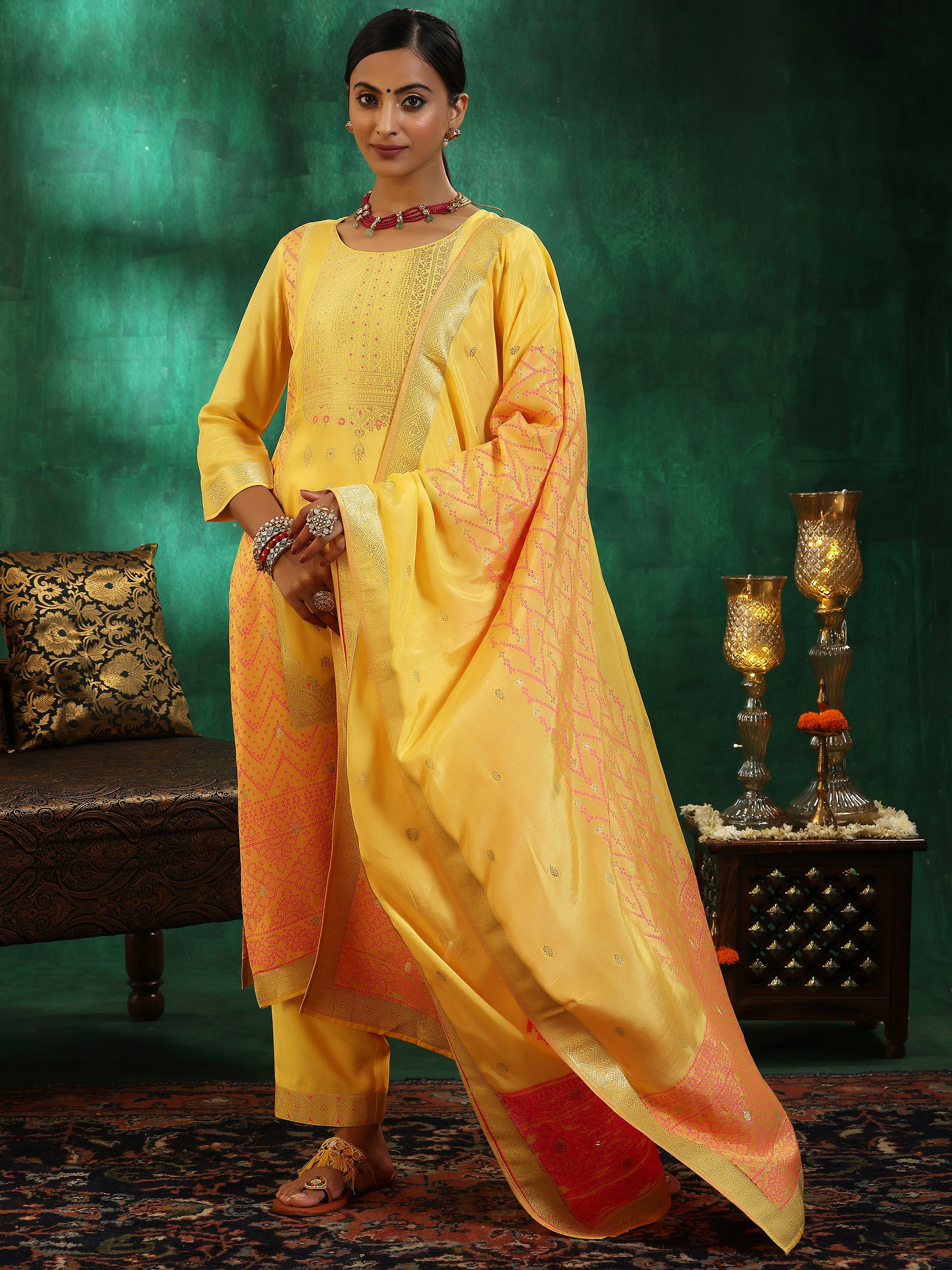 Yellow Embroidered Silk Blend Straight Suit With Dupatta