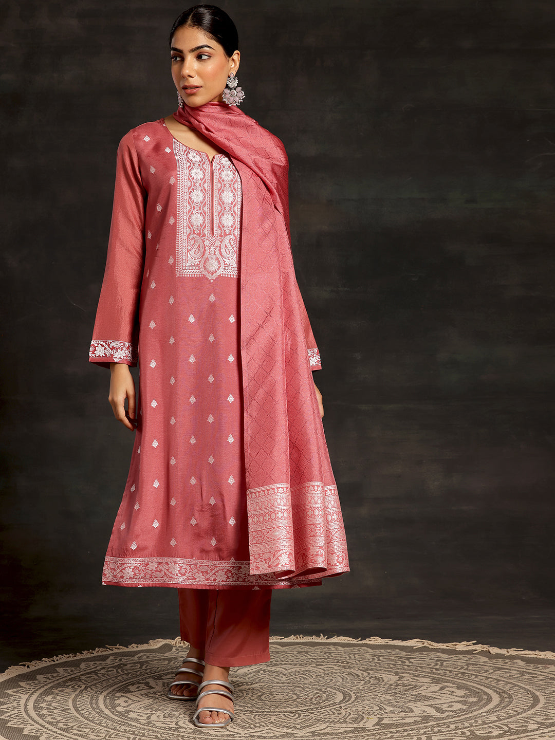 Pink Woven Design Silk Blend Straight Suit With Dupatta