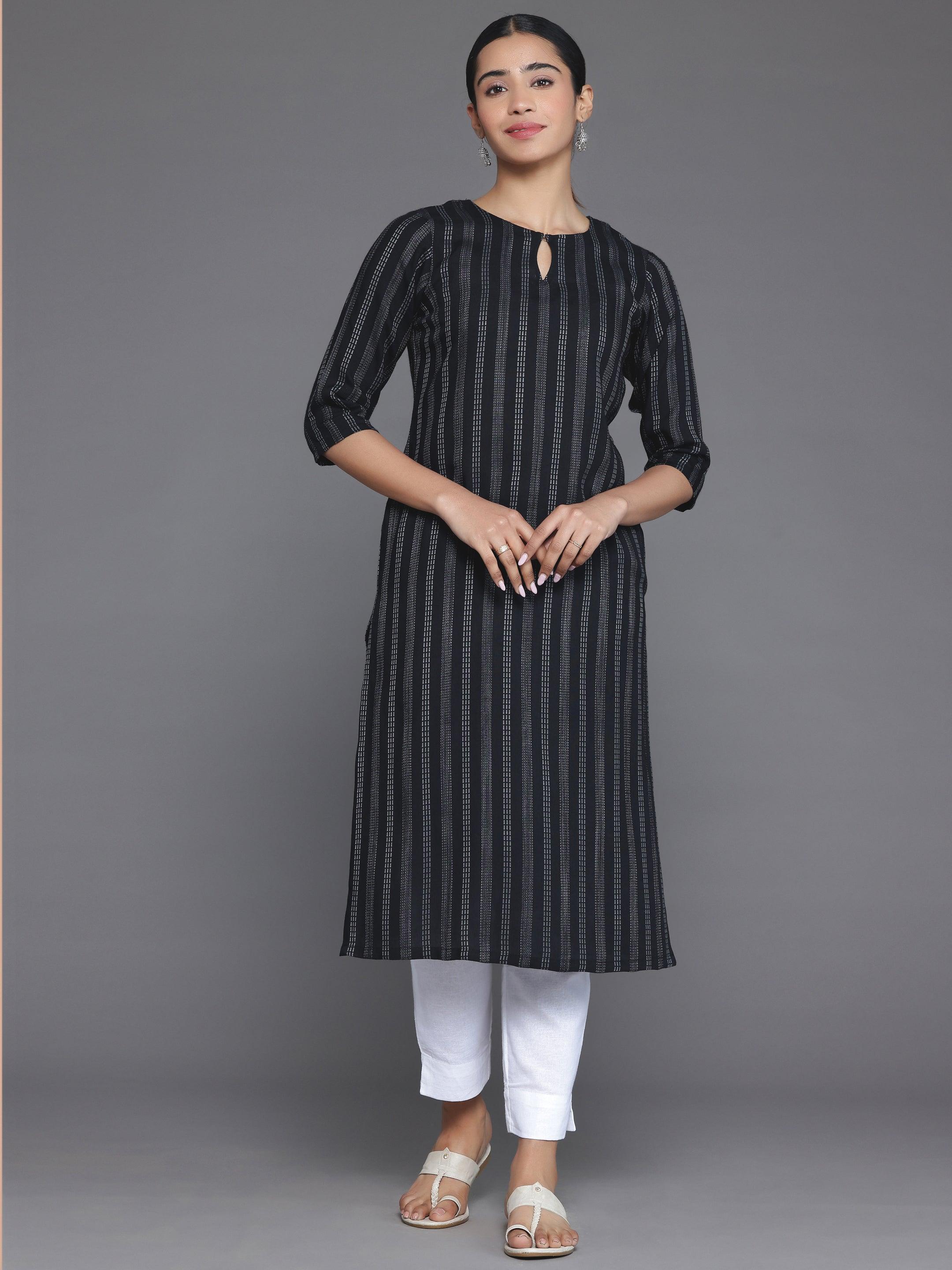 Black Striped Rayon Straight Kurta