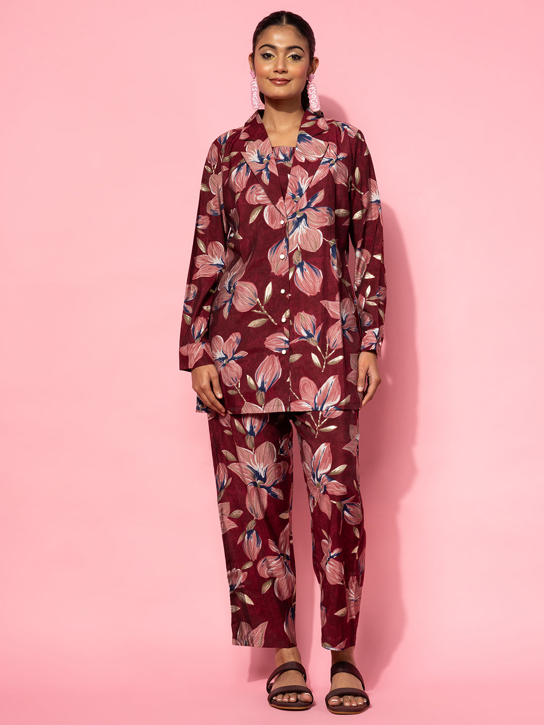 Maroon Printed Silk Blend Co-Ords