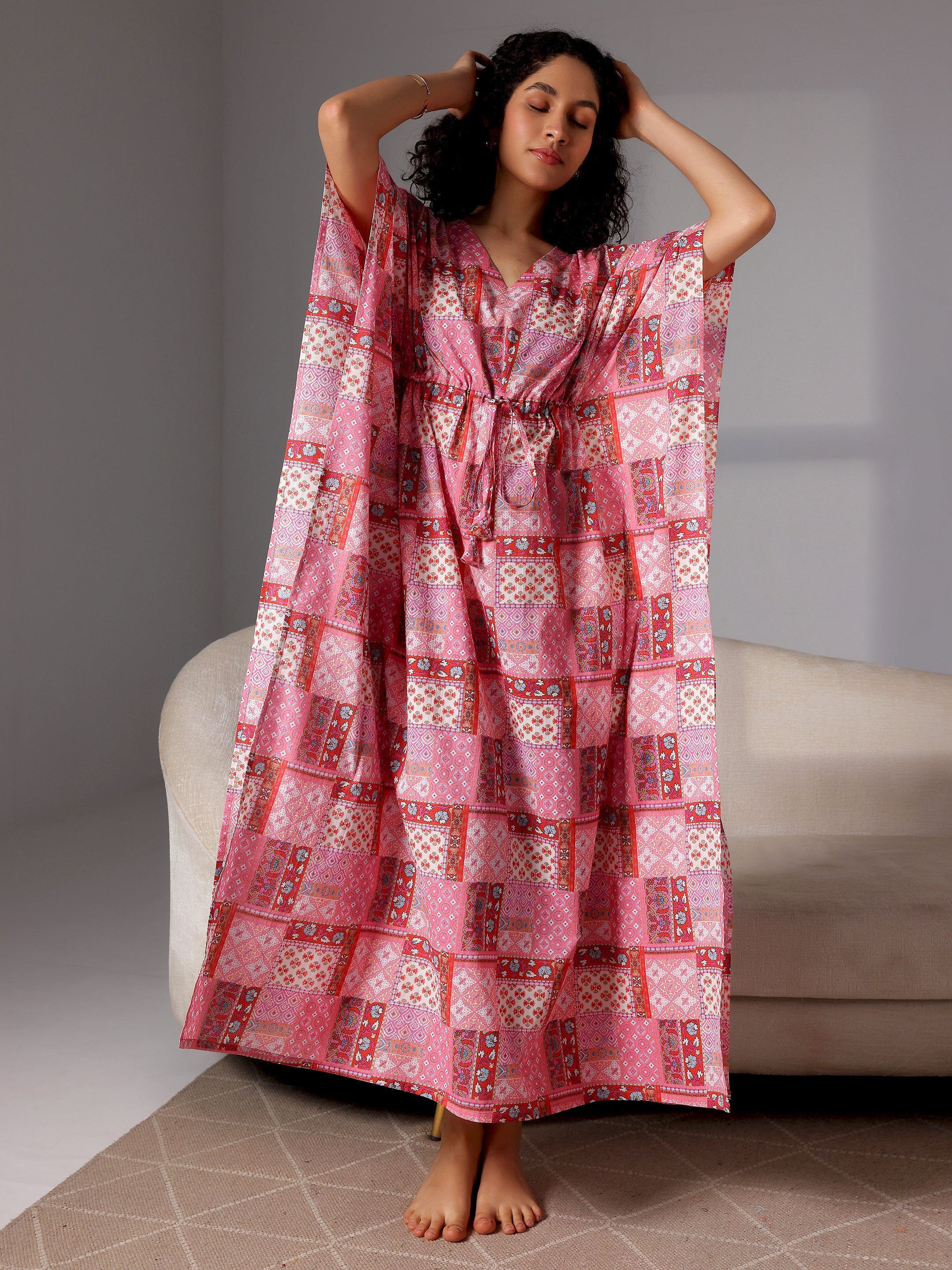 Pink Printed Cotton Kaftan Night Dress