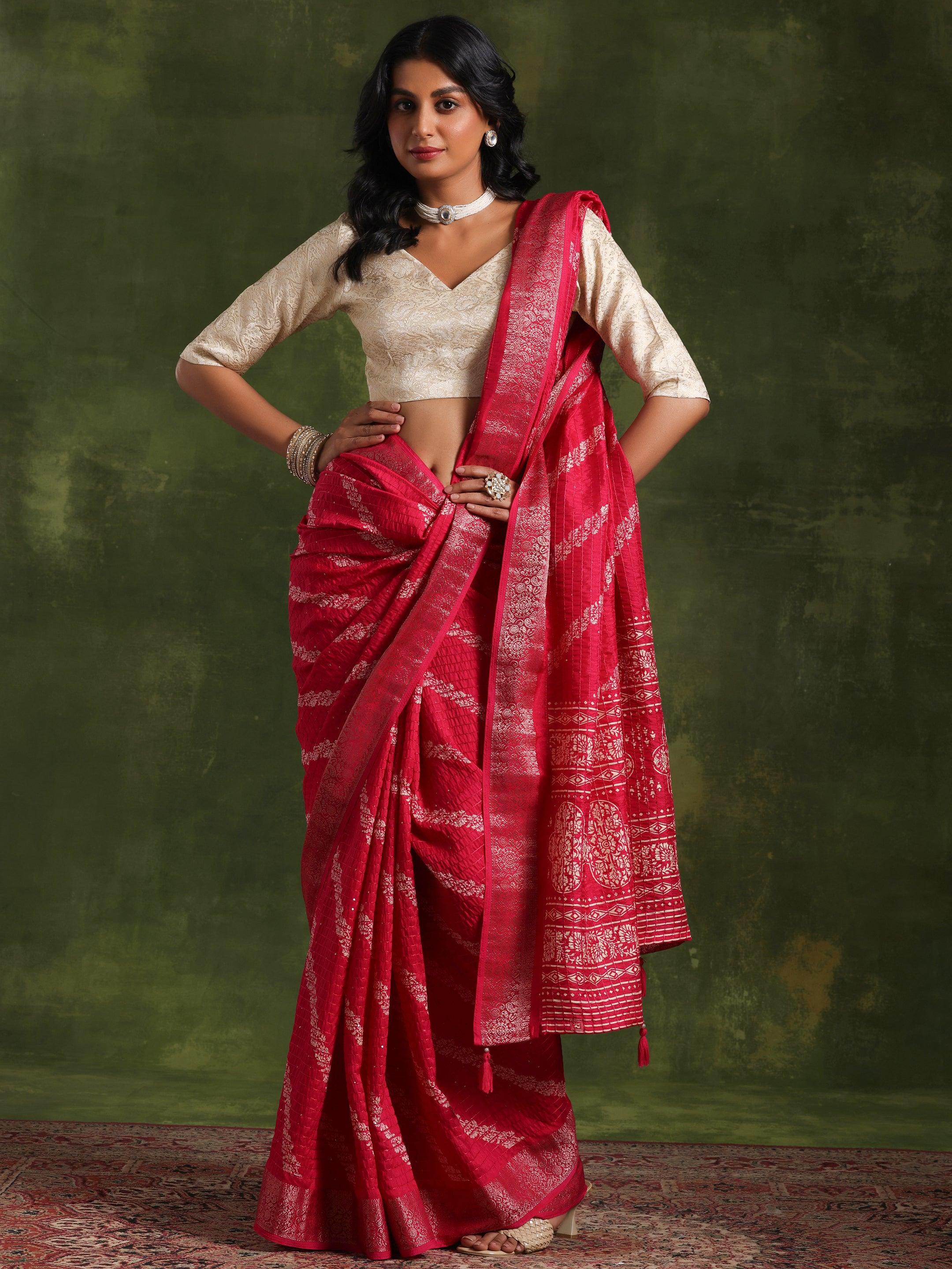 Pink Printed Silk Blend Saree With Unstitched Blouse Piece