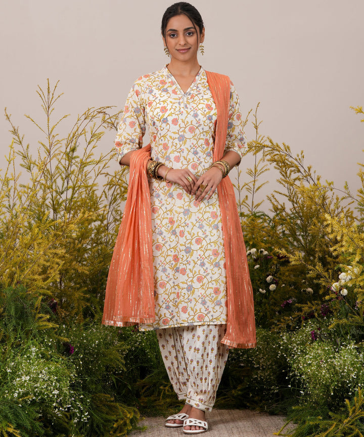 Off White Printed Cotton Straight Kurta With Salwar & Dupatta - ShopLibas