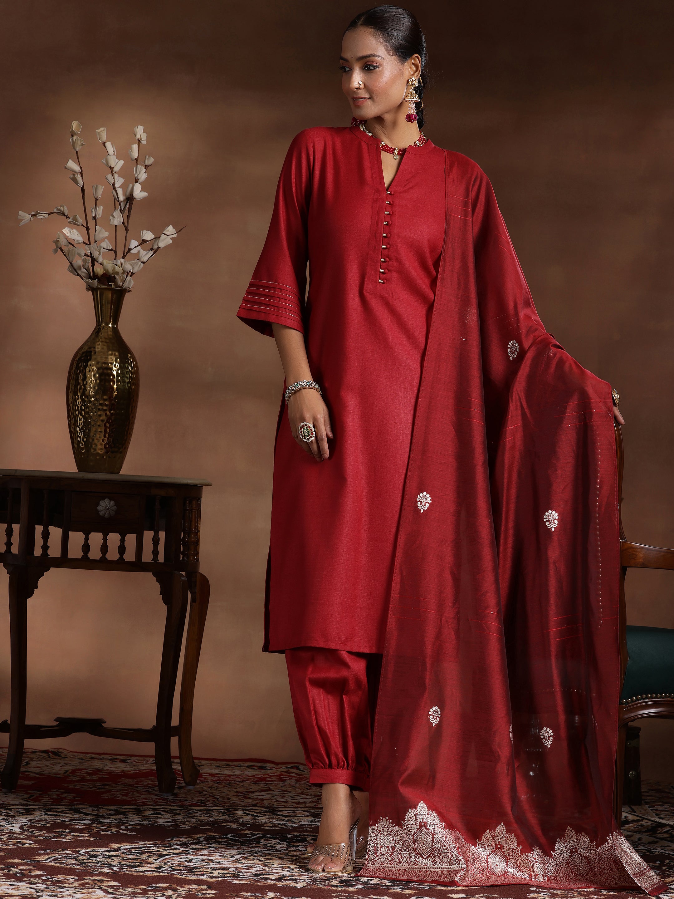 Maroon Solid Silk Blend Straight Suit With Dupatta