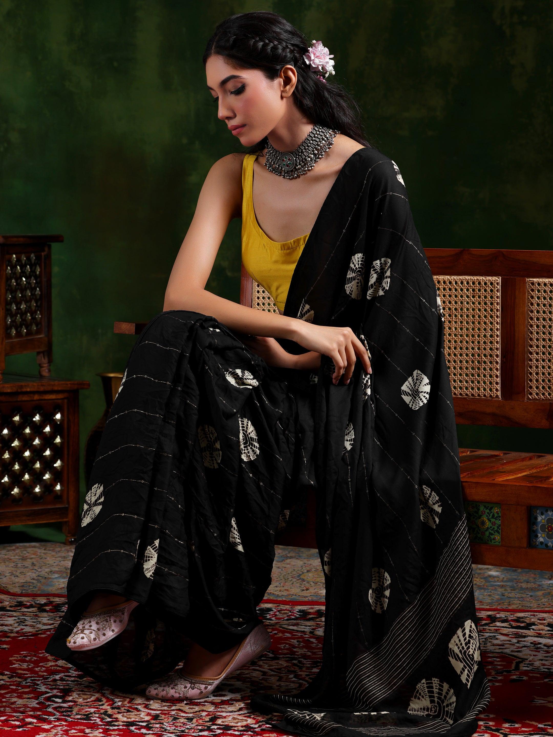 Black Printed Poly Chiffon Saree With Unstitched Blouse Piece