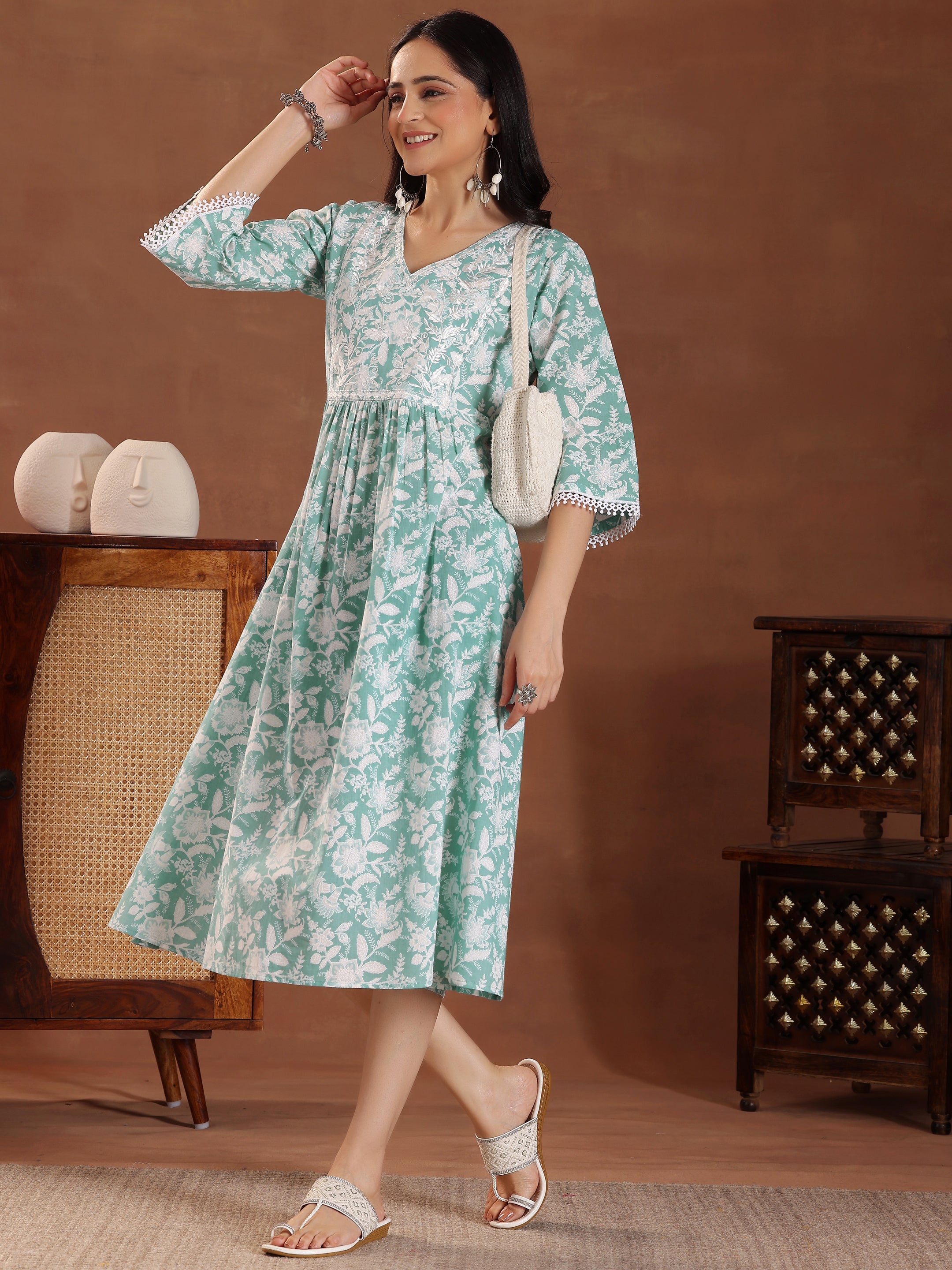 Green Printed Cotton A-Line Dress