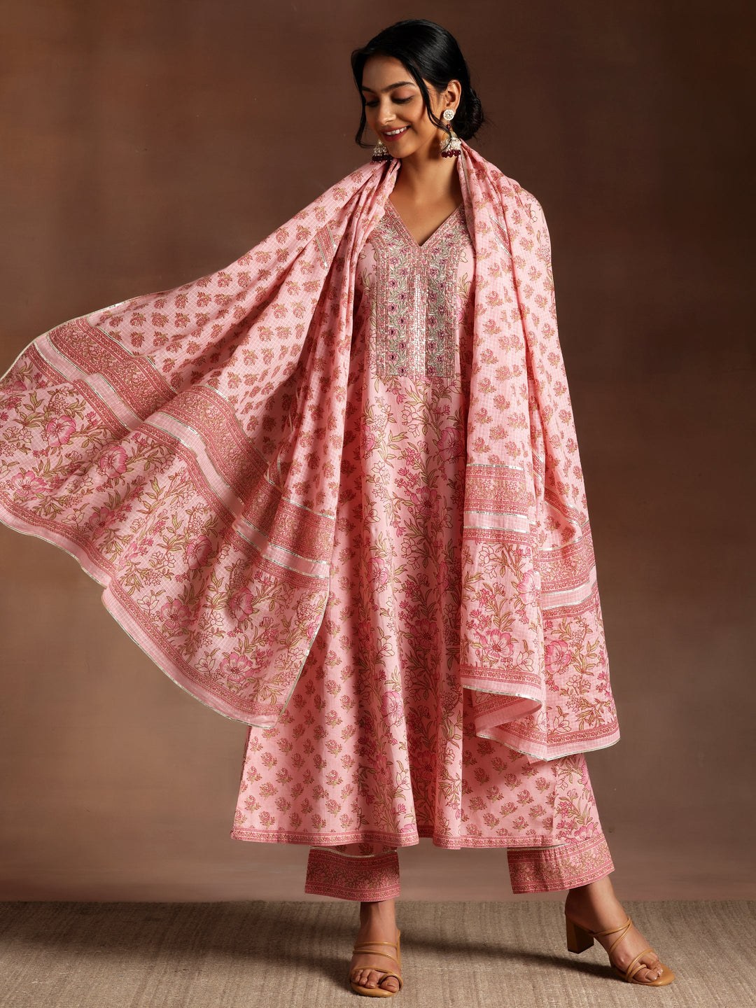 Mariyam Pink Printed Cotton A-Line Kurta With Palazzos & Dupatta