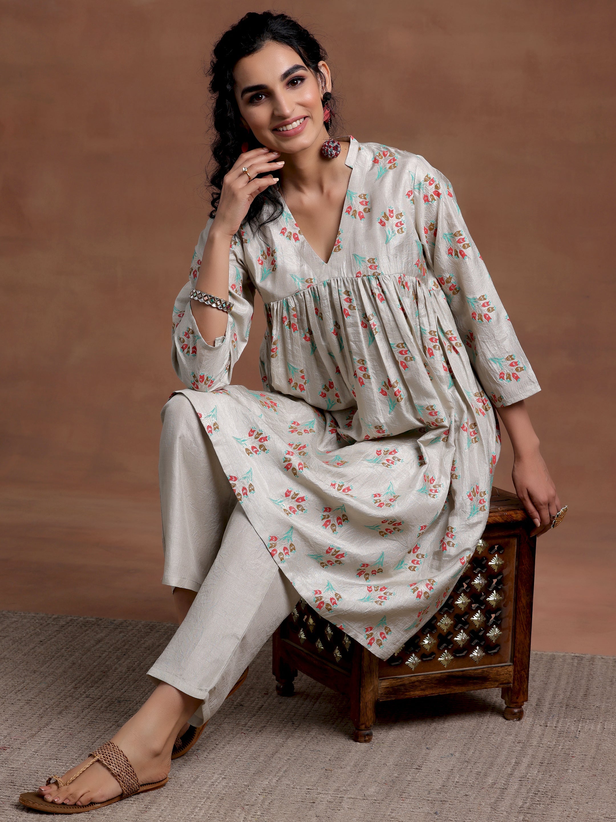 Grey Printed Silk Blend A-Line Kurta With Trousers