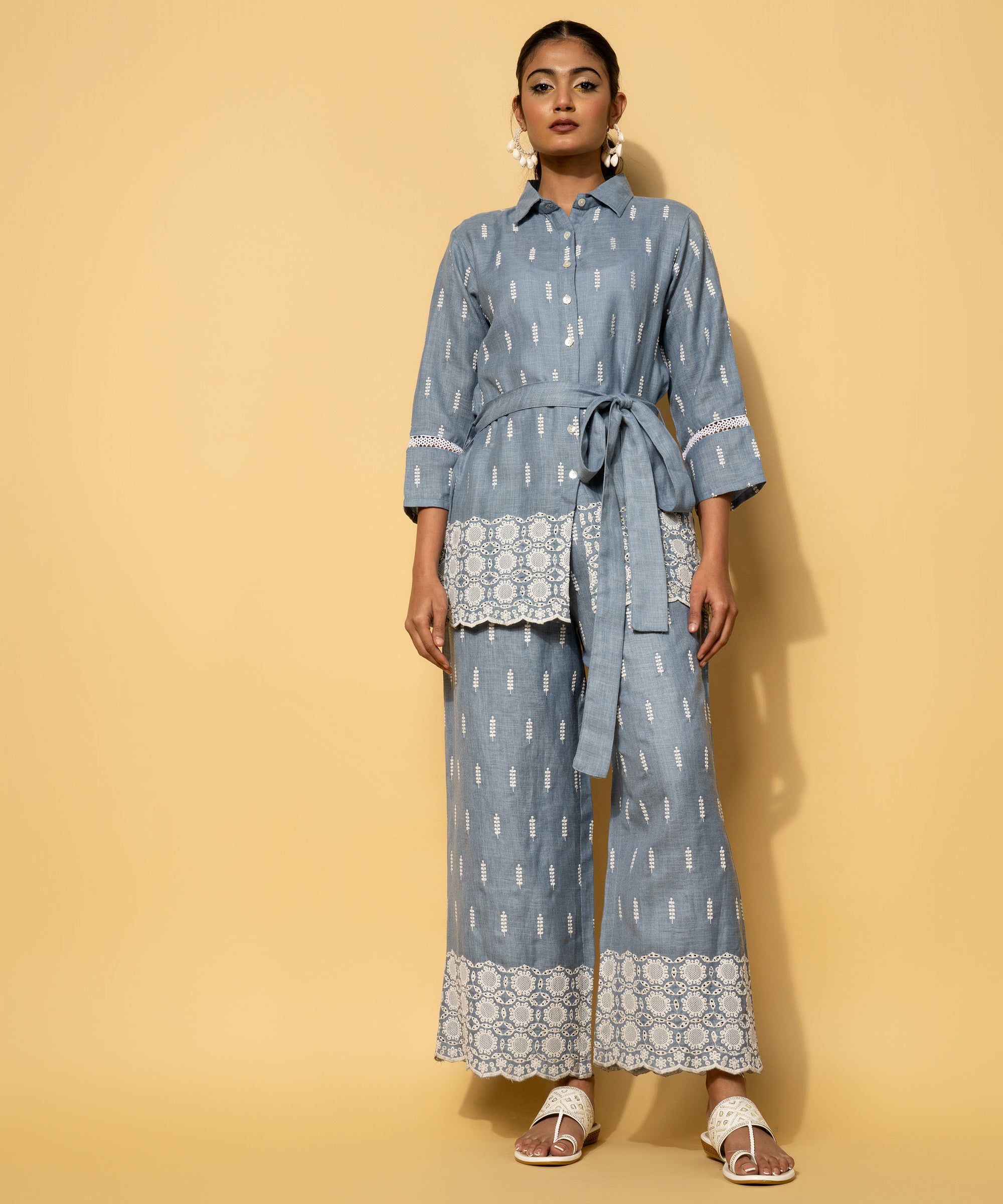 Blue Embroidered Linen Co-Ords