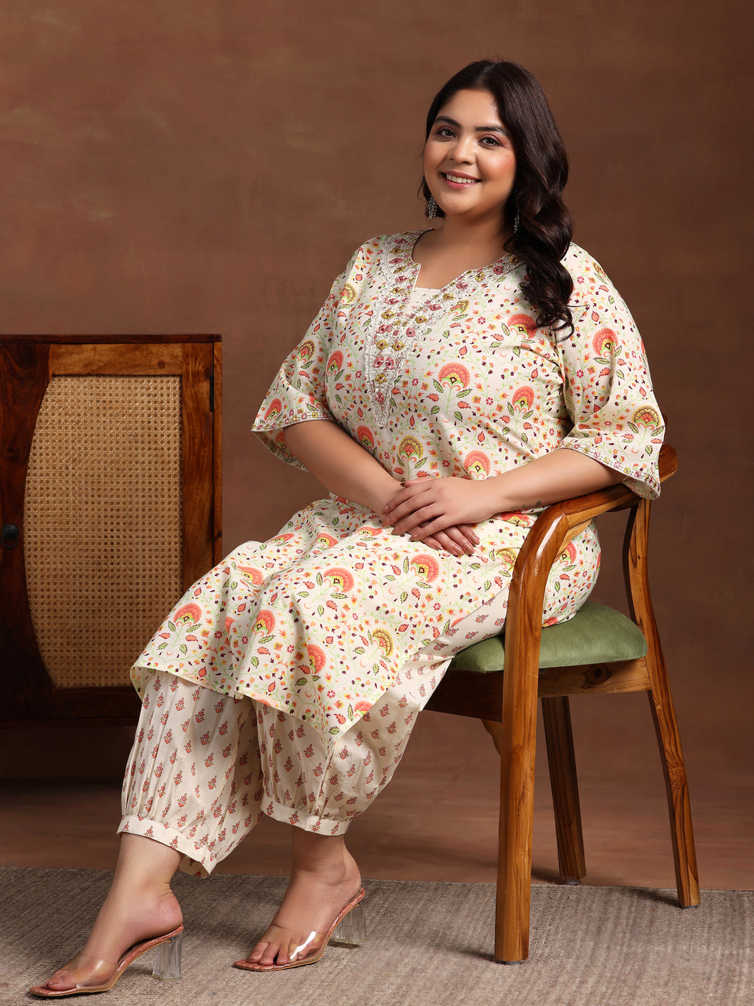 Plus Size Off White Printed Cotton Straight Kurta With Salwar