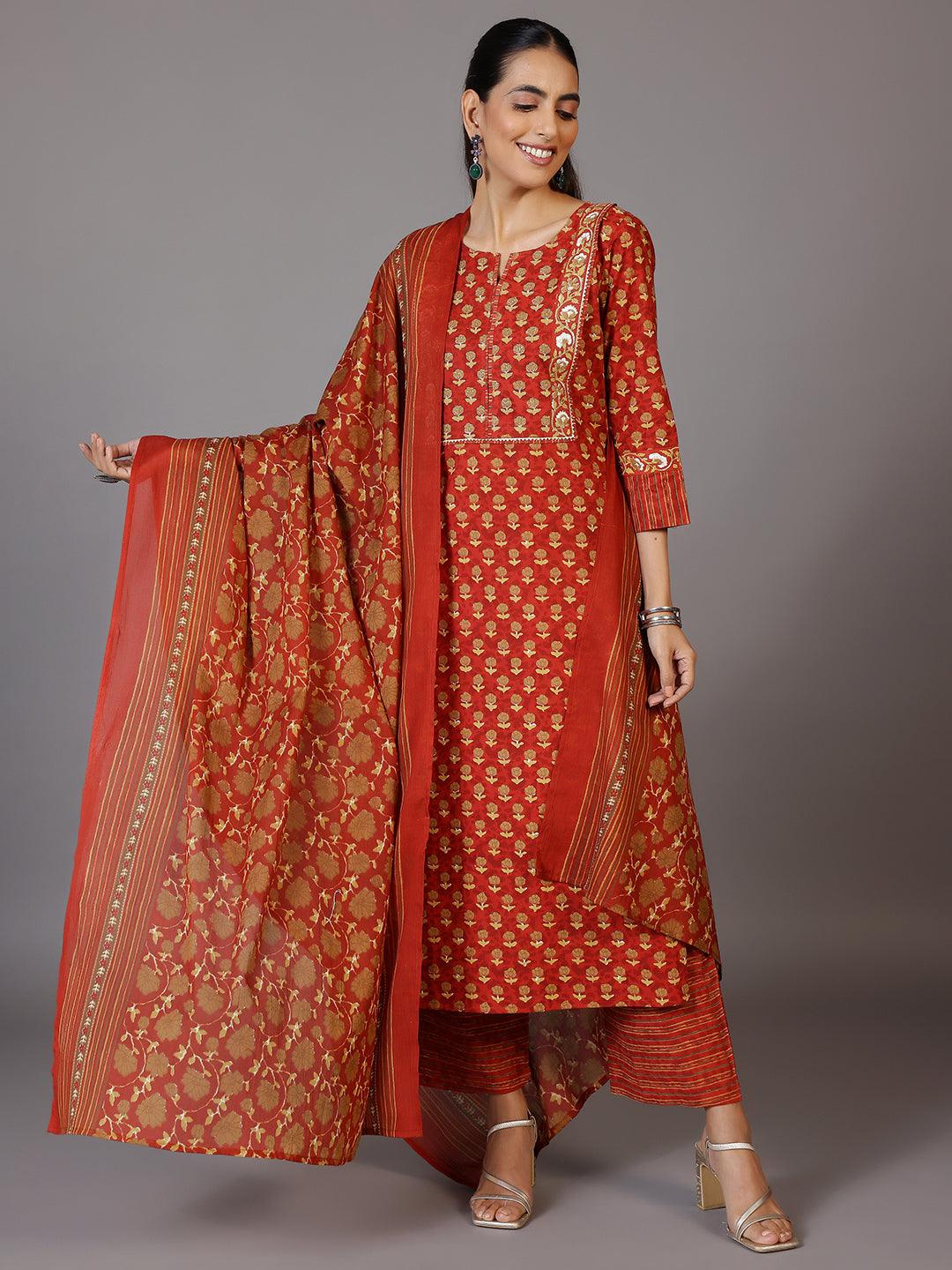 Rust Printed Cotton Straight Suit With Dupatta