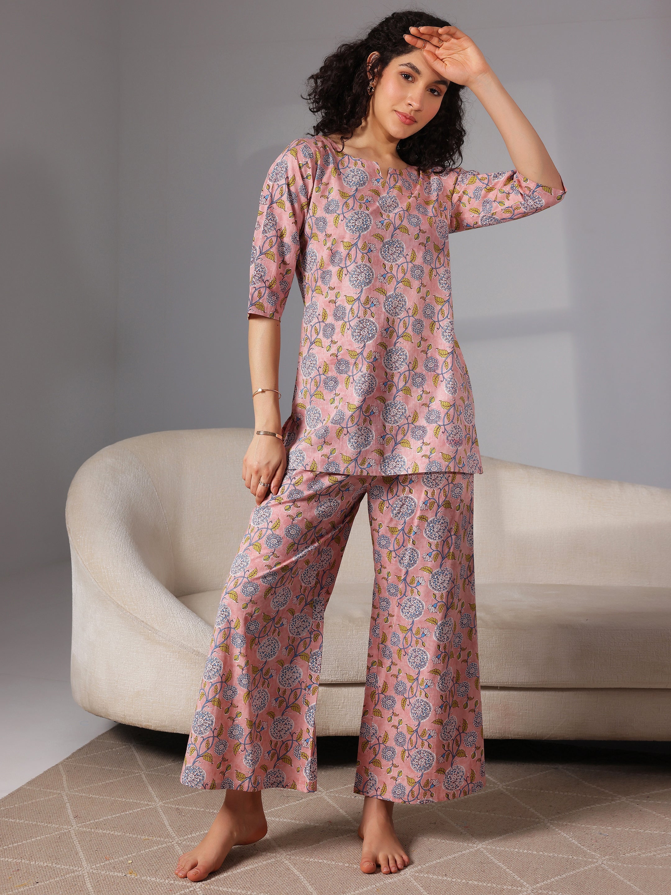 Peach Printed Cotton Night Suits