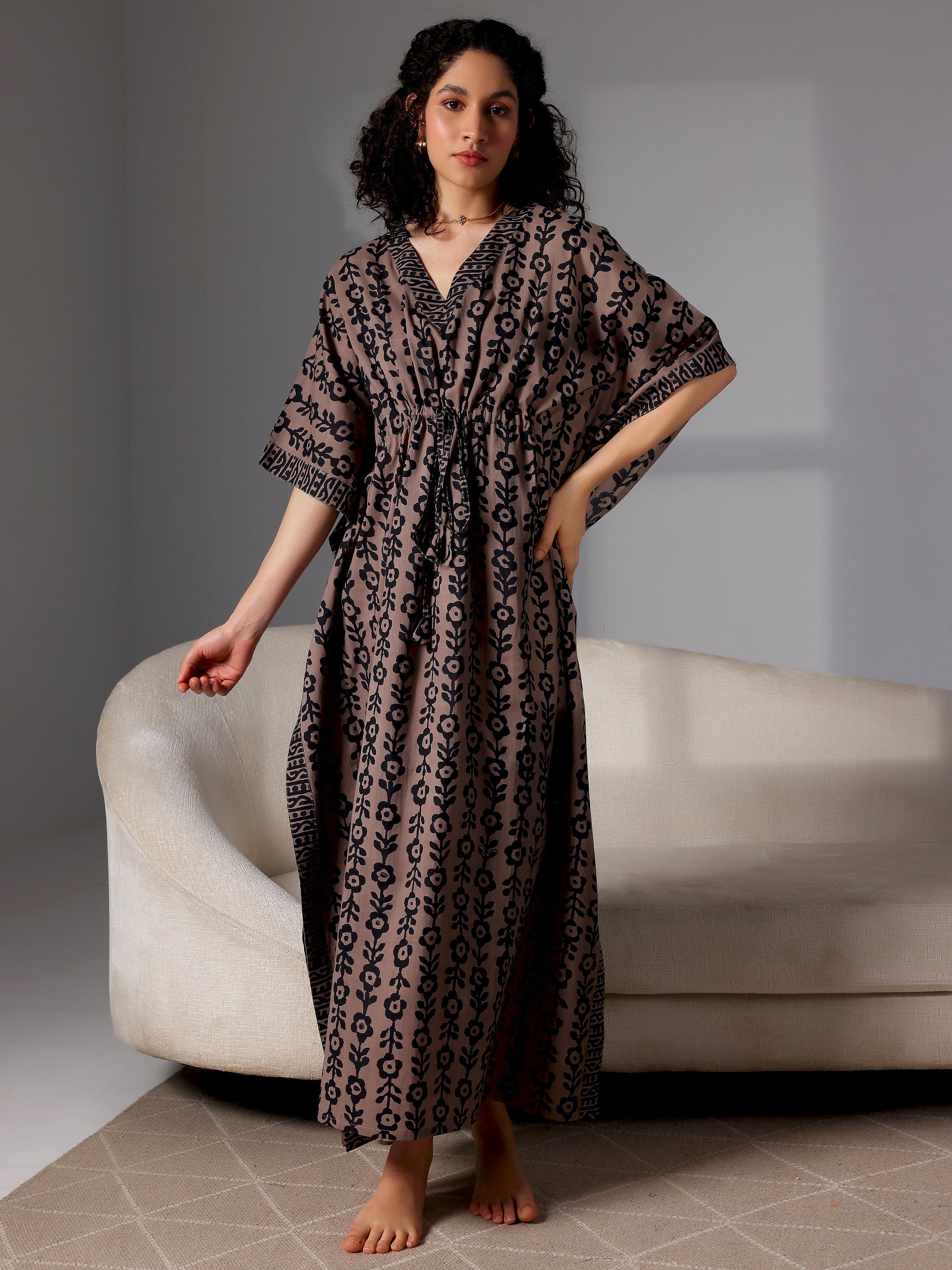 Black Printed Cotton Kaftan Night Dress