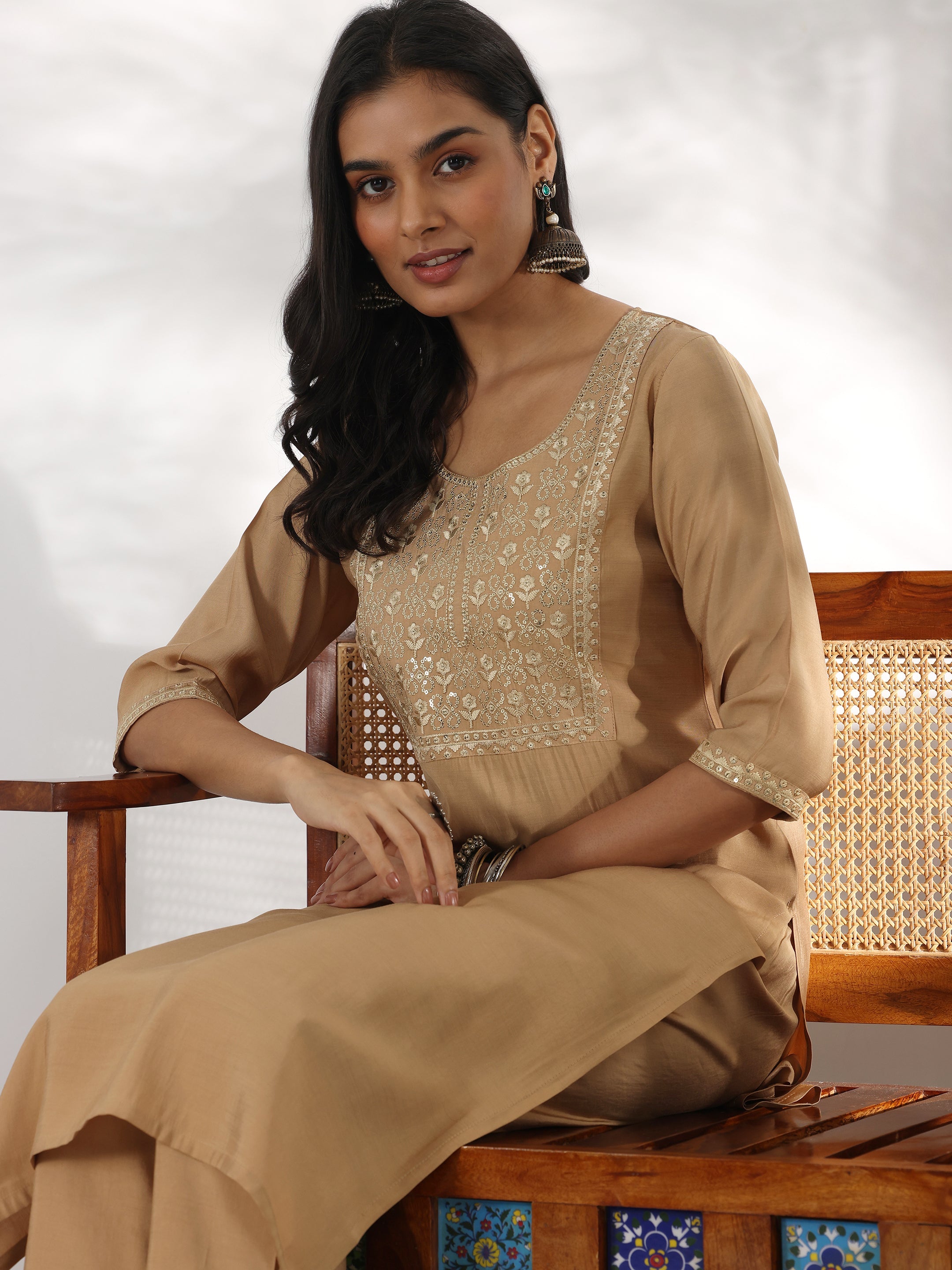 Beige Yoke Design Silk Blend Straight Kurta Set