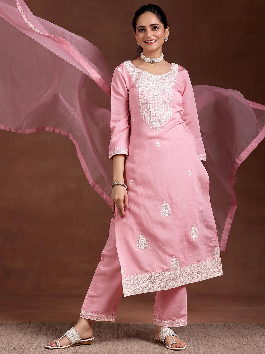 Pink Embroidered Silk Blend Straight Suit With Dupatta