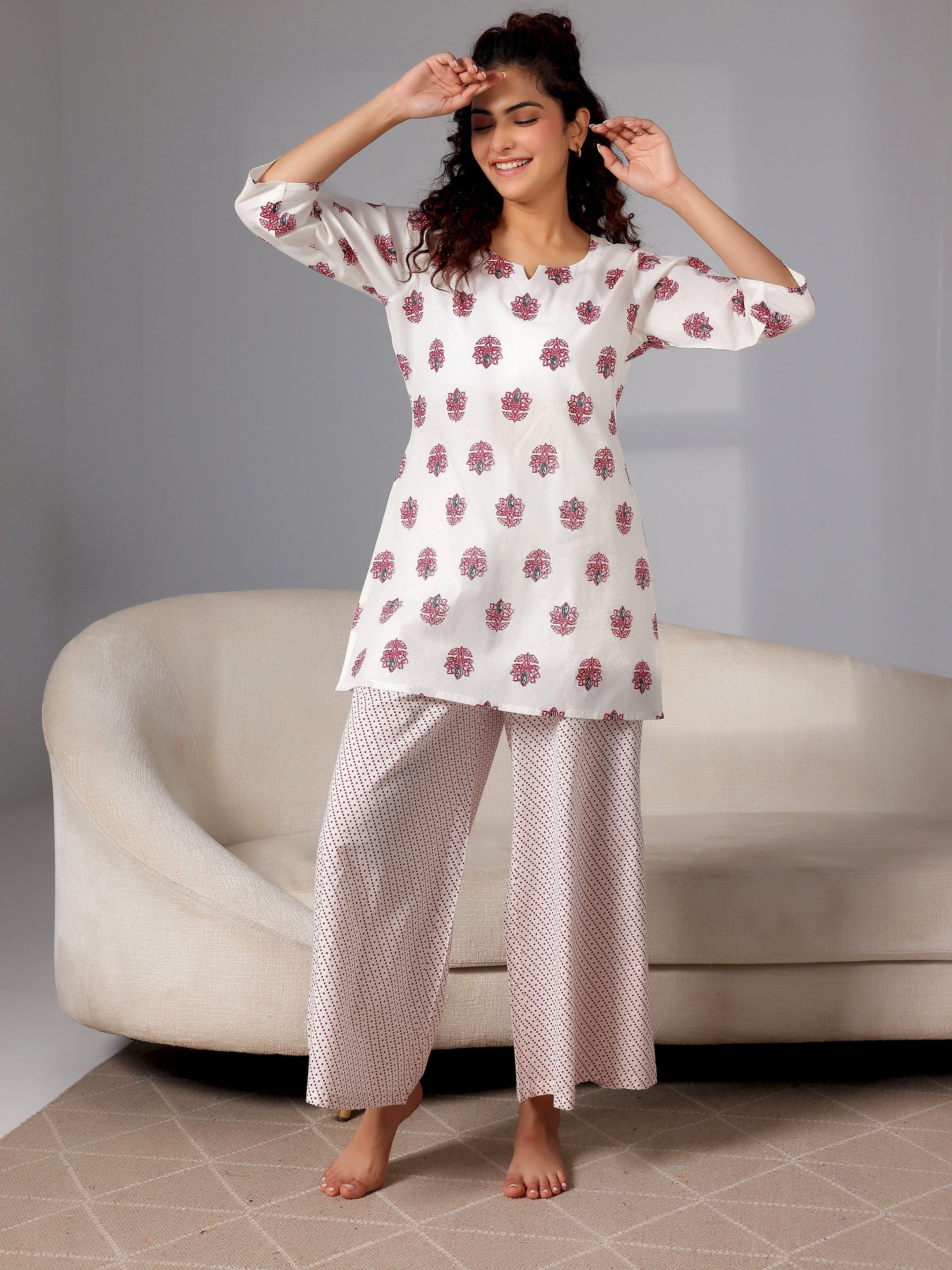 Cream Printed Cotton Night Suits