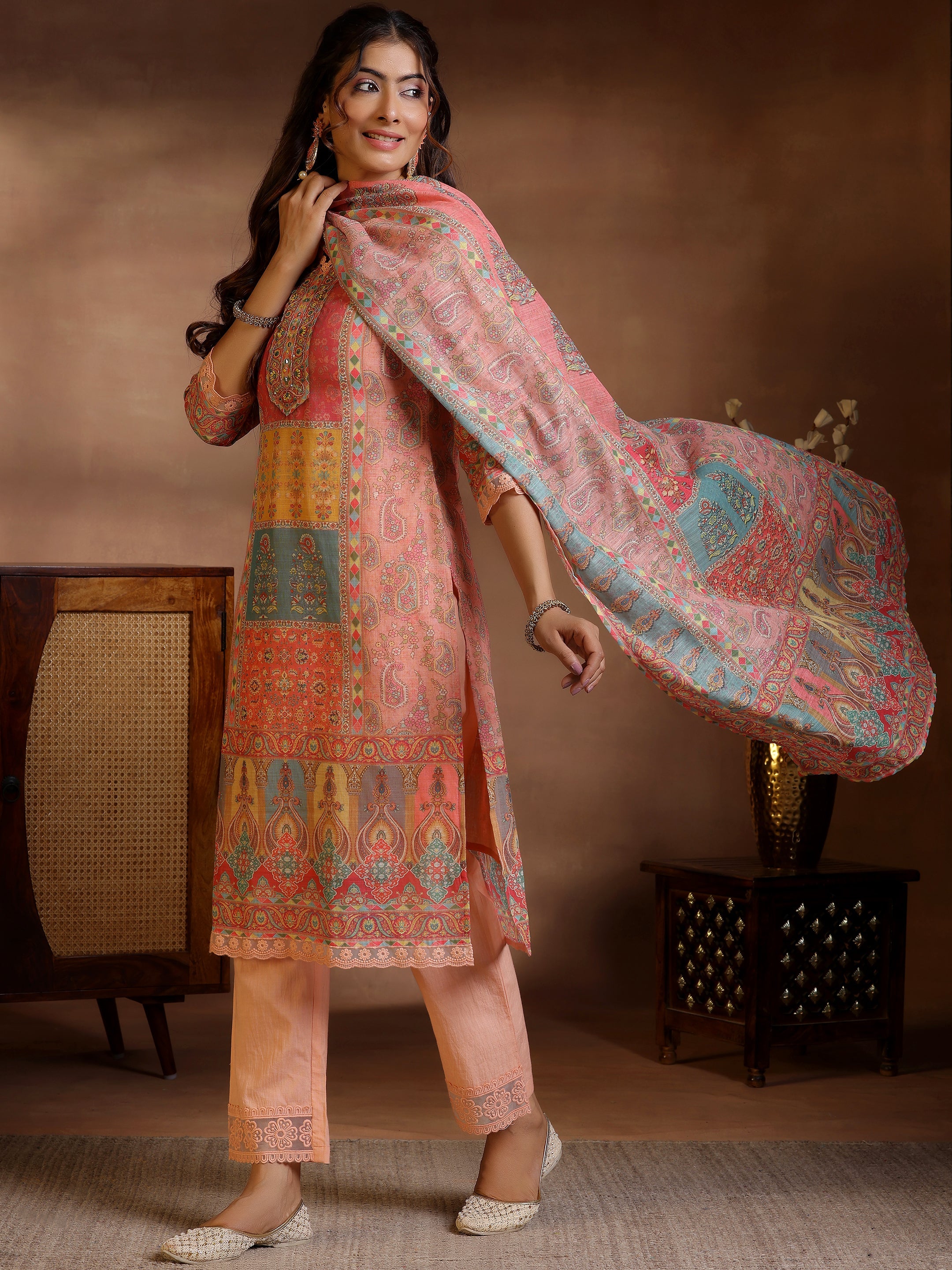 Peach Printed Linen Straight Suit With Dupatta