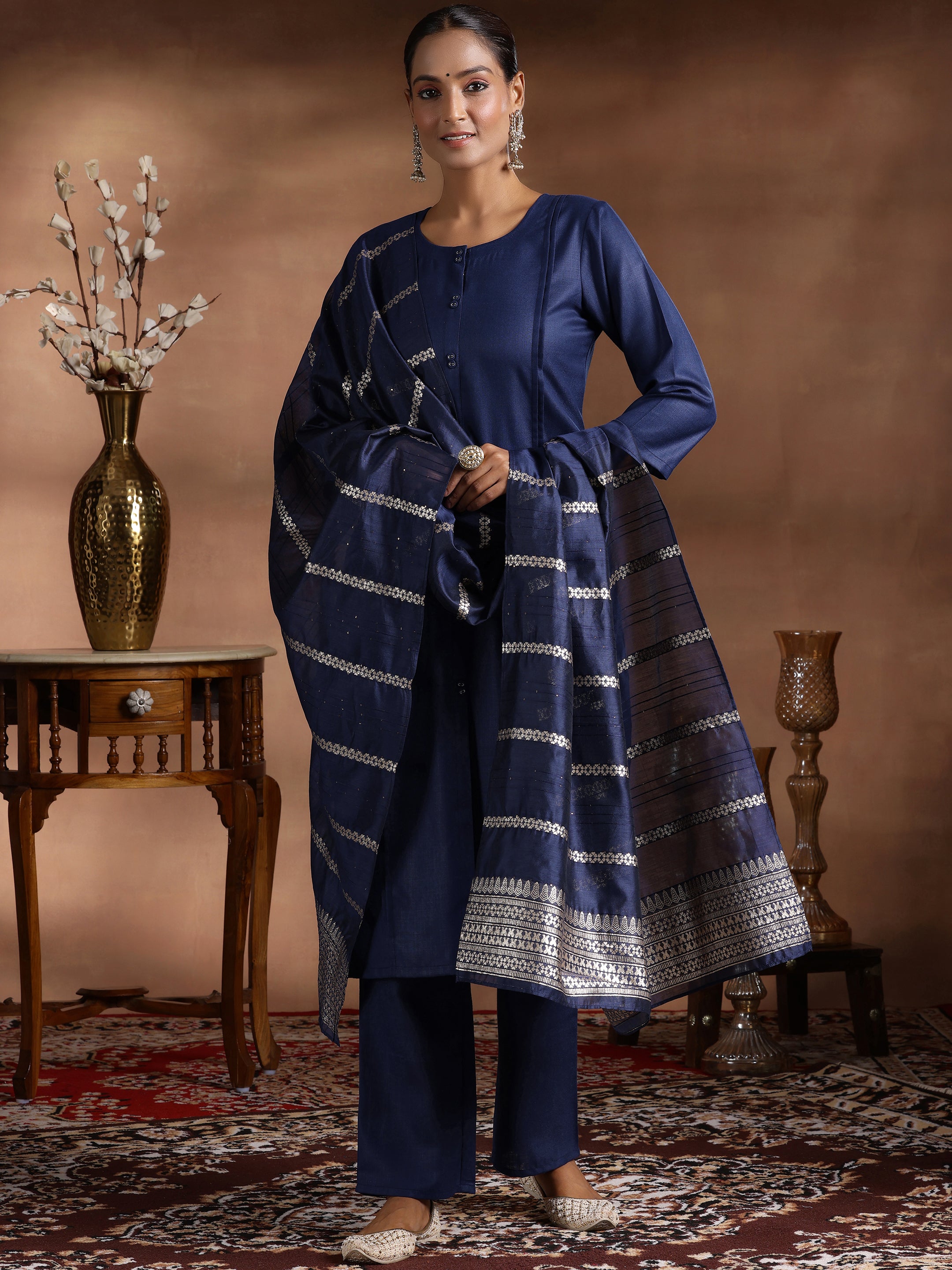 Navy Blue Solid Cotton Blend Straight Suit With Dupatta