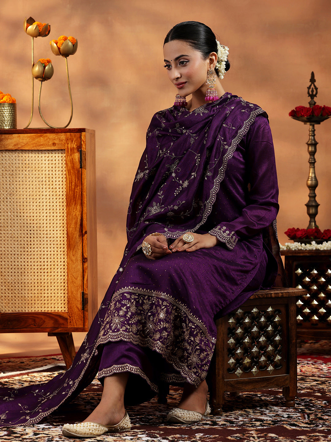 Wine Embroidered Silk Blend Straight Suit With Dupatta