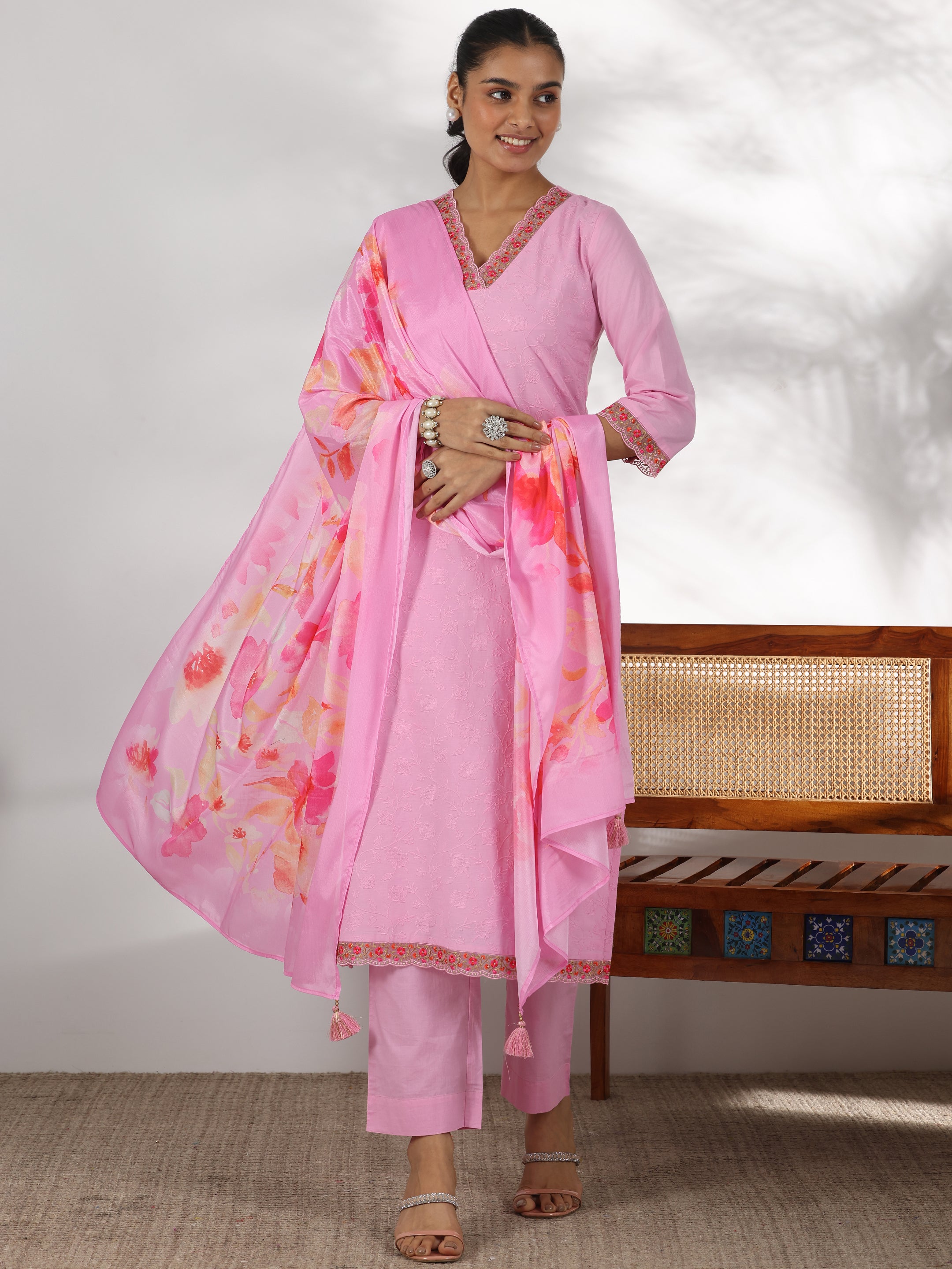 Pink Embroidered Cotton Straight Suit With Dupatta