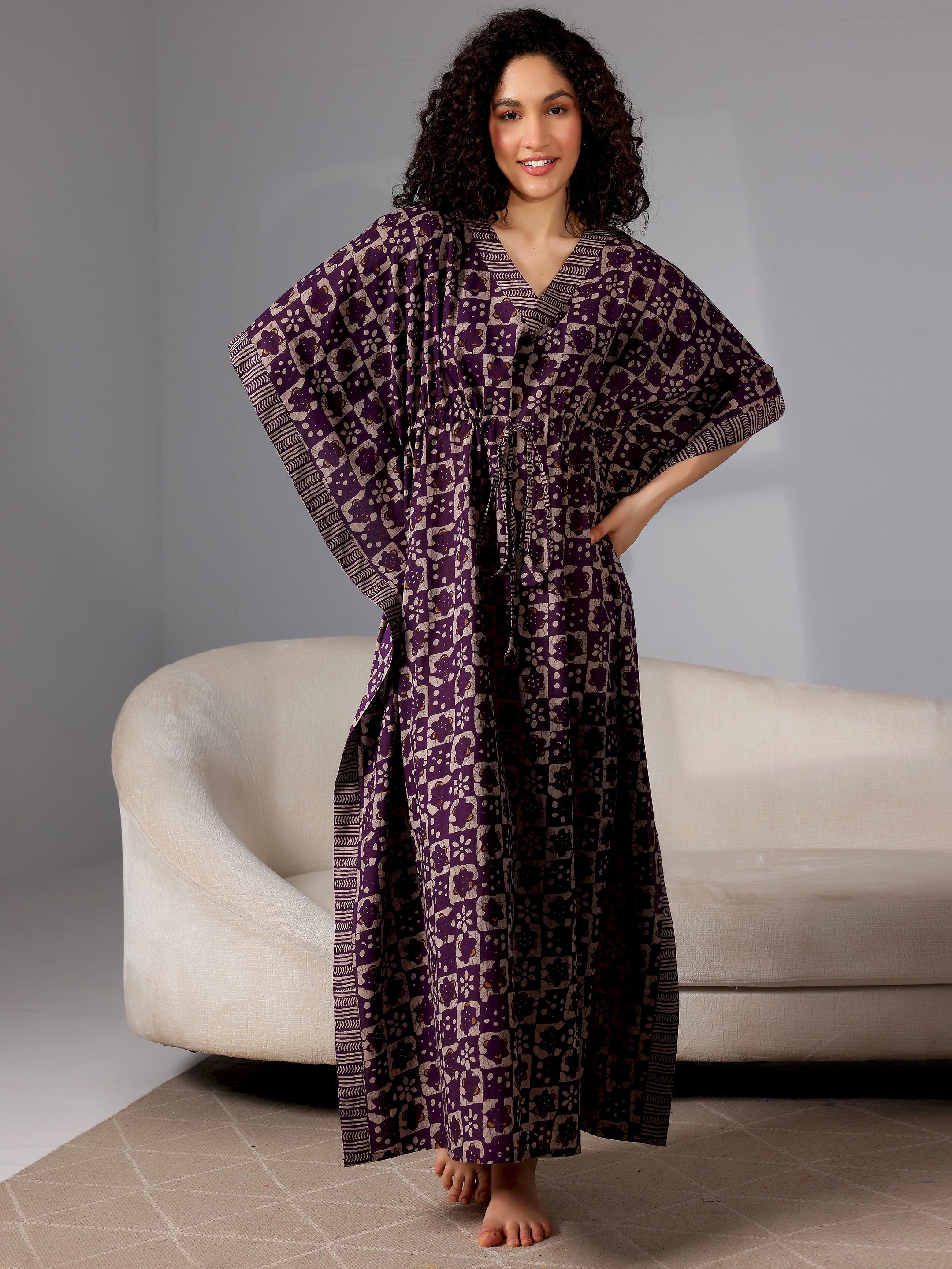 Purple Printed Cotton Kaftan Night Dress