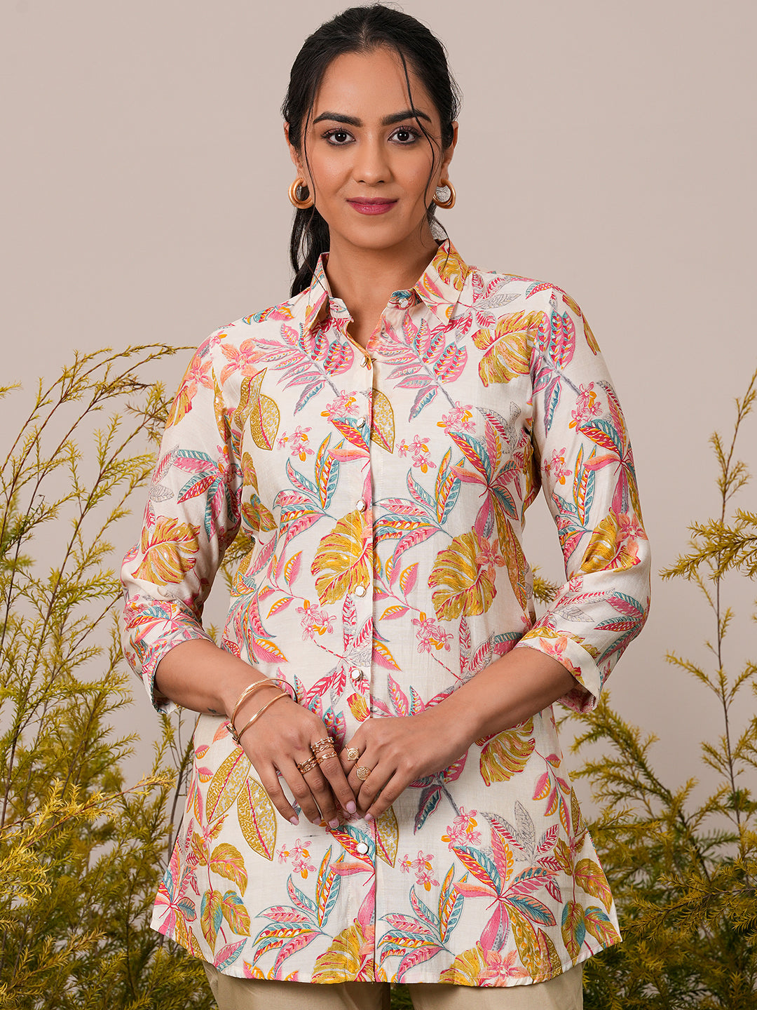 Cream Printed Silk Blend A-Line Kurti