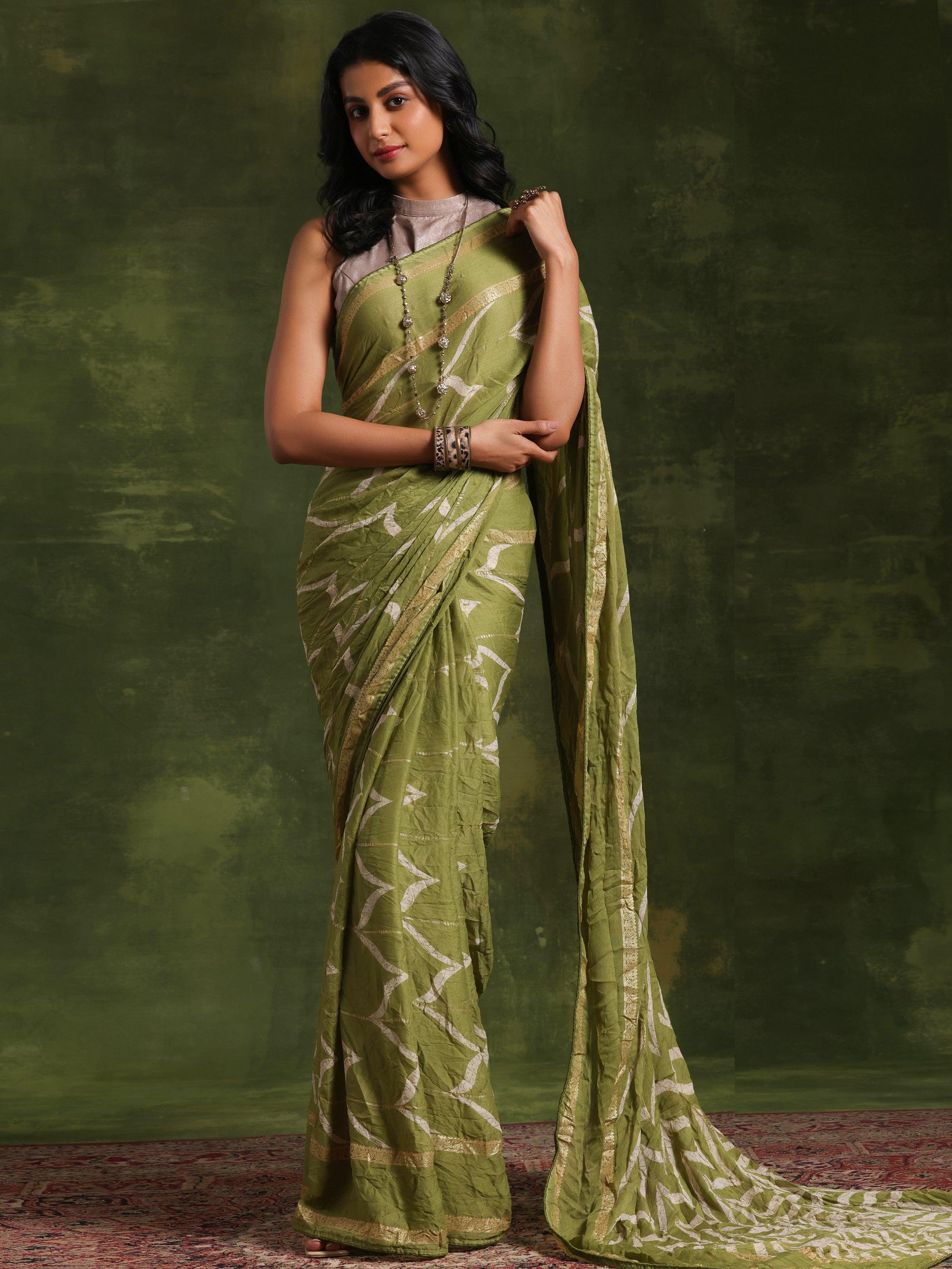 Green Printed Poly Georgette Saree With Unstitched Blouse Piece