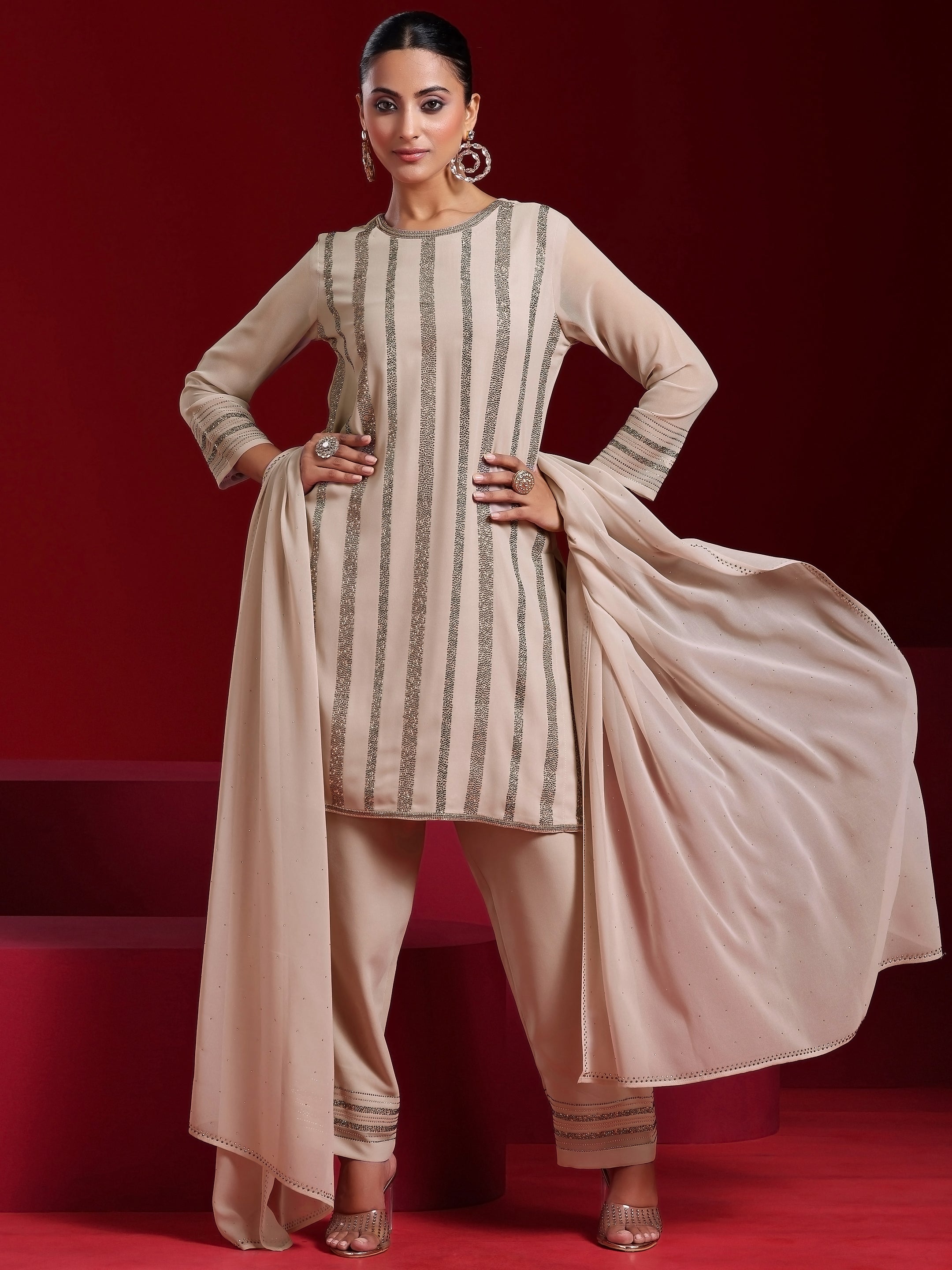 Libas Art Taupe Striped Georgette Straight Suit With Dupatta