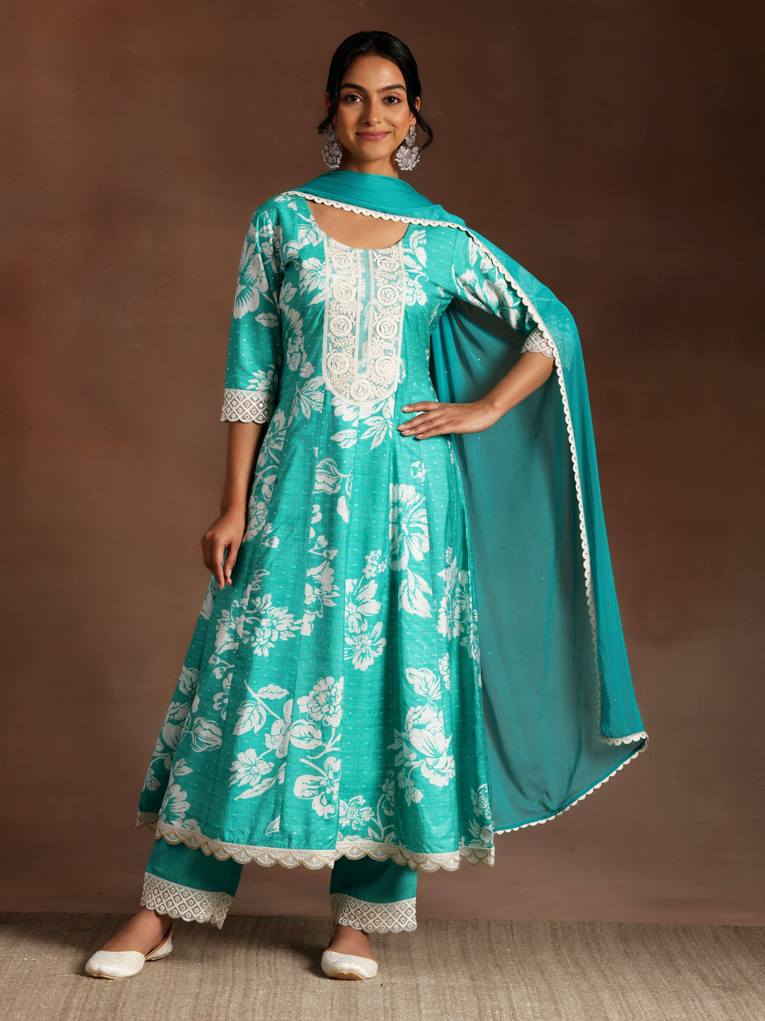 Mahira  Green Printed Silk Blend A-Line Kurta With Trousers & Dupatta