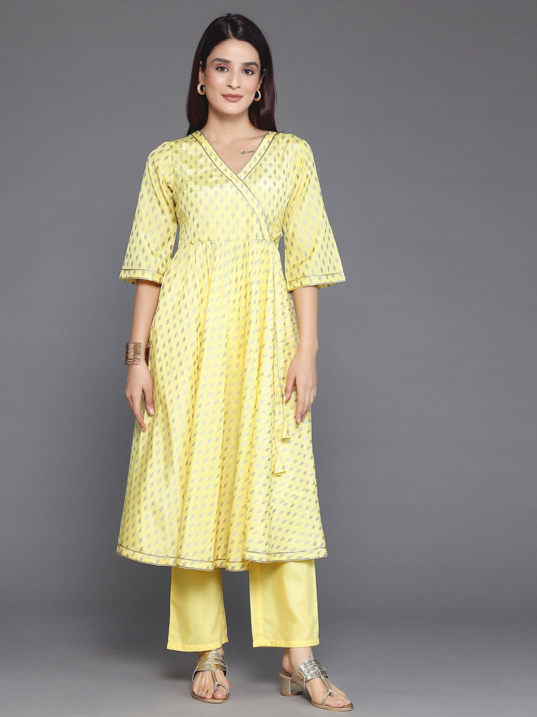 Yellow Printed Silk Blend Anarkali Kurta Set