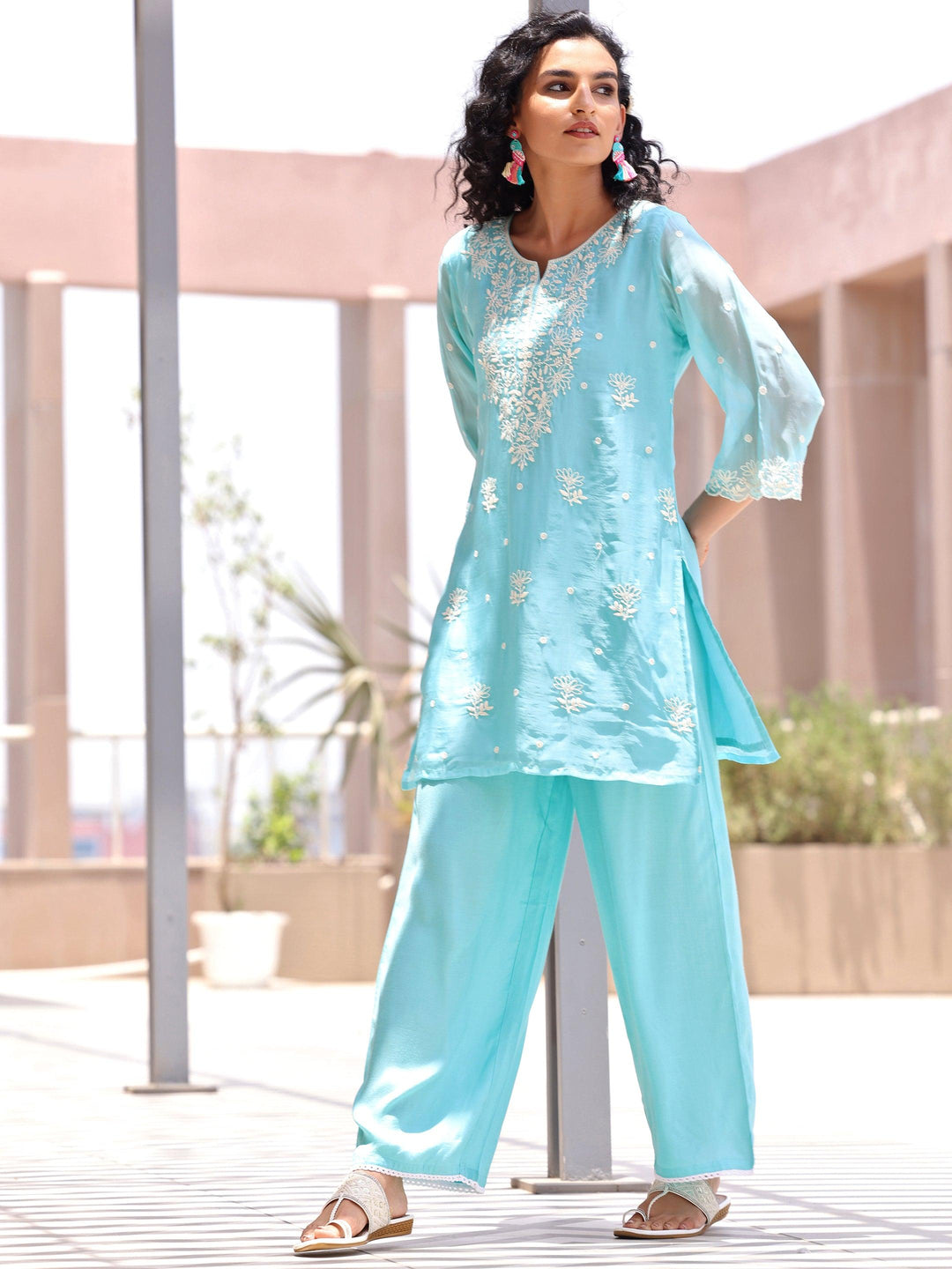 Turquoise Embroidered Silk Blend Co-Ords