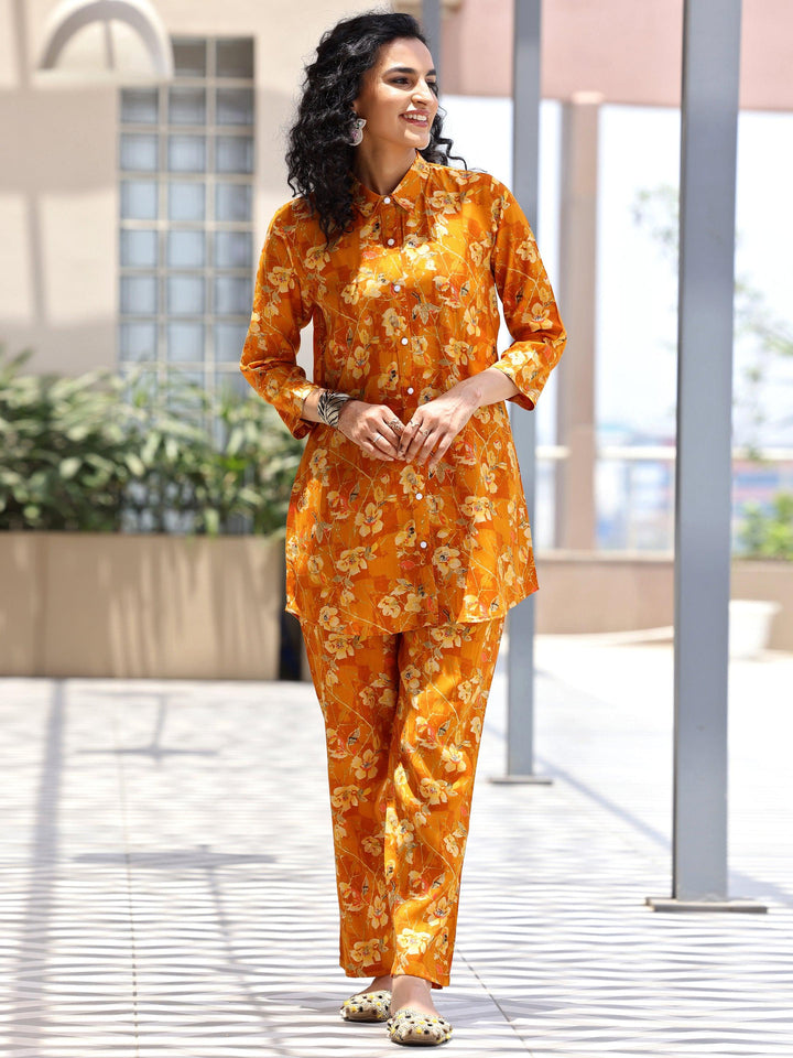 Mustard Printed Silk Blend Co-Ords - Libas