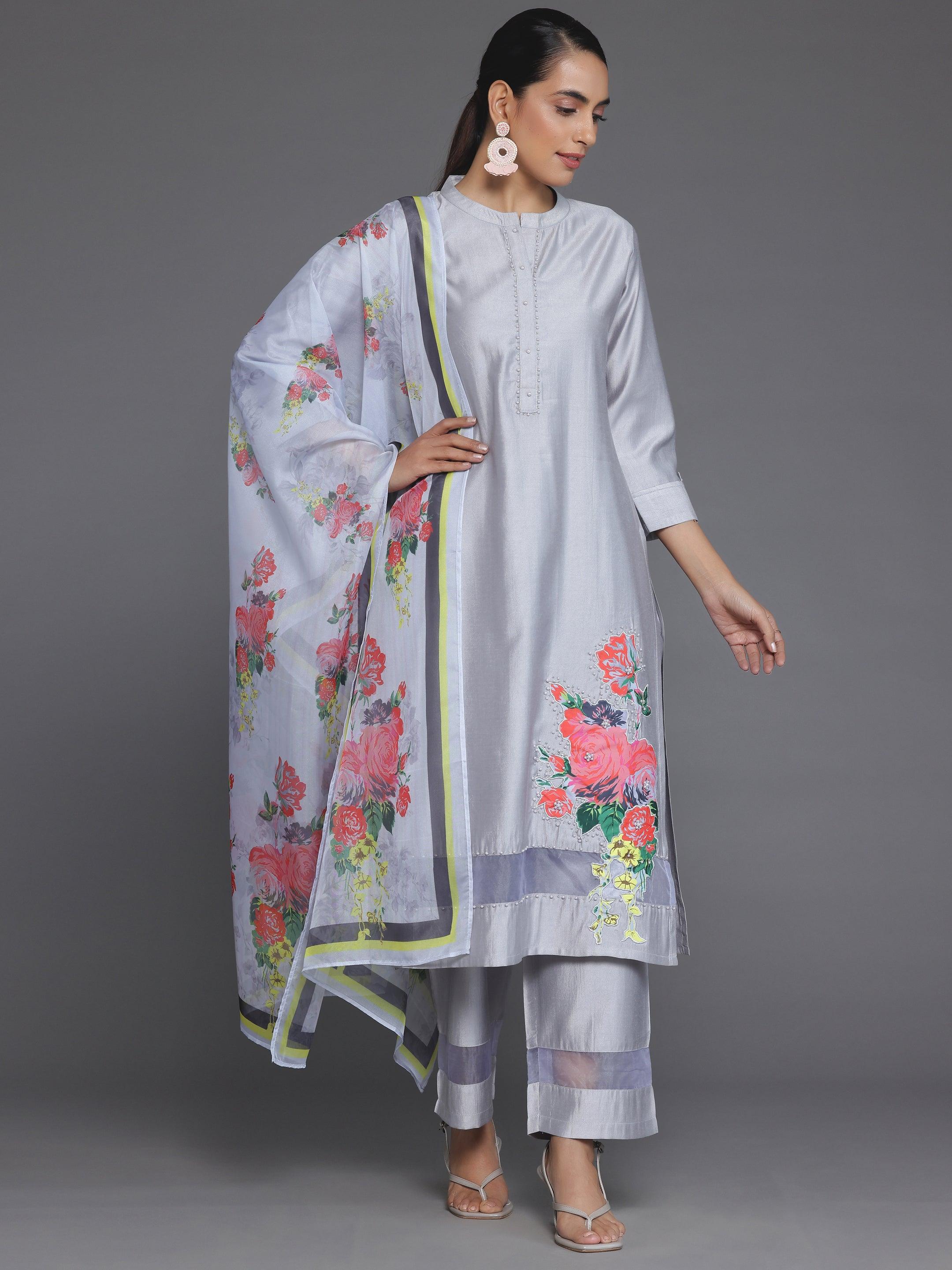 Grey Self Design Silk Blend Straight Suit With Dupatta