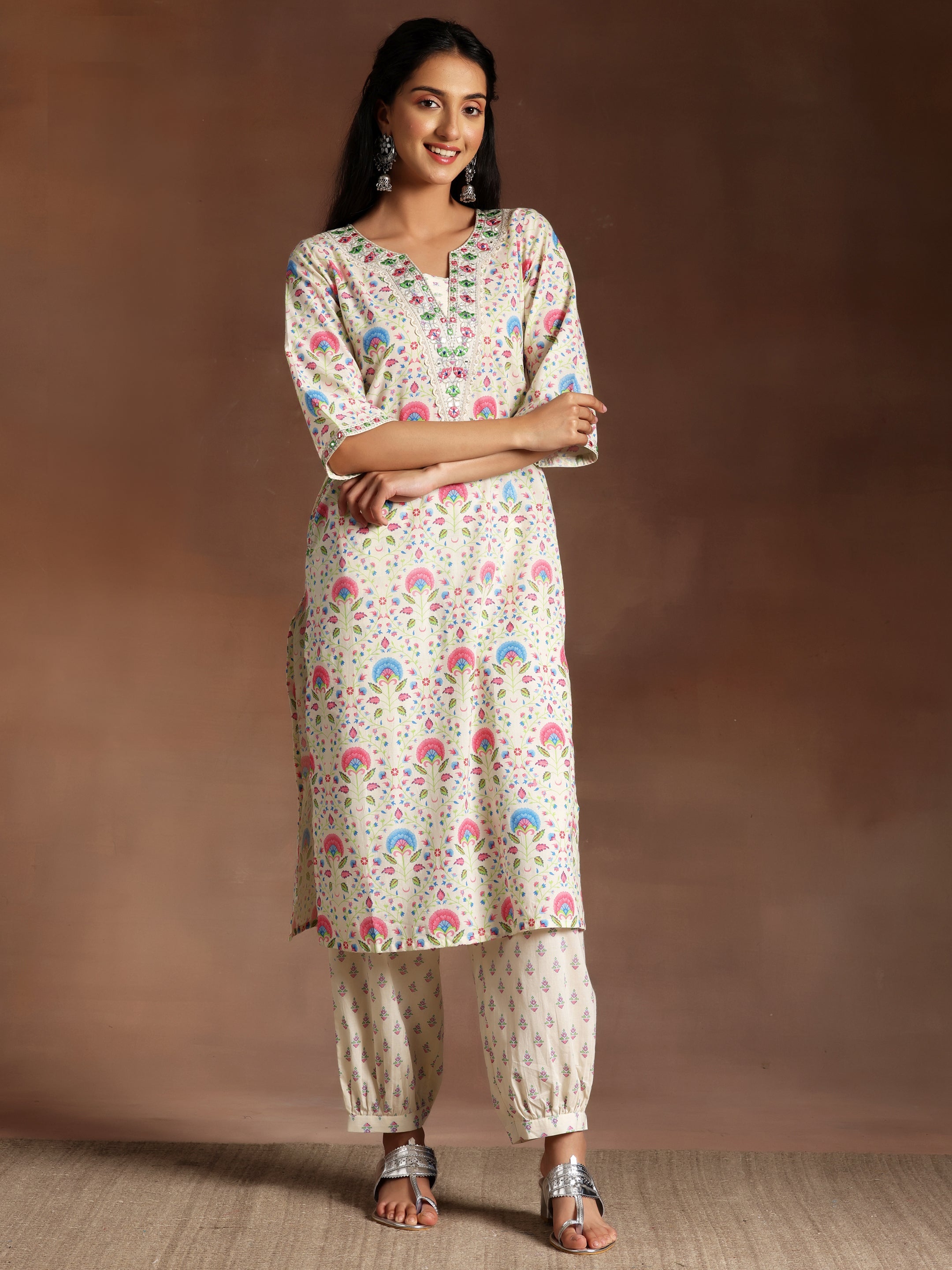 Off White Printed Cotton Straight Kurta Set