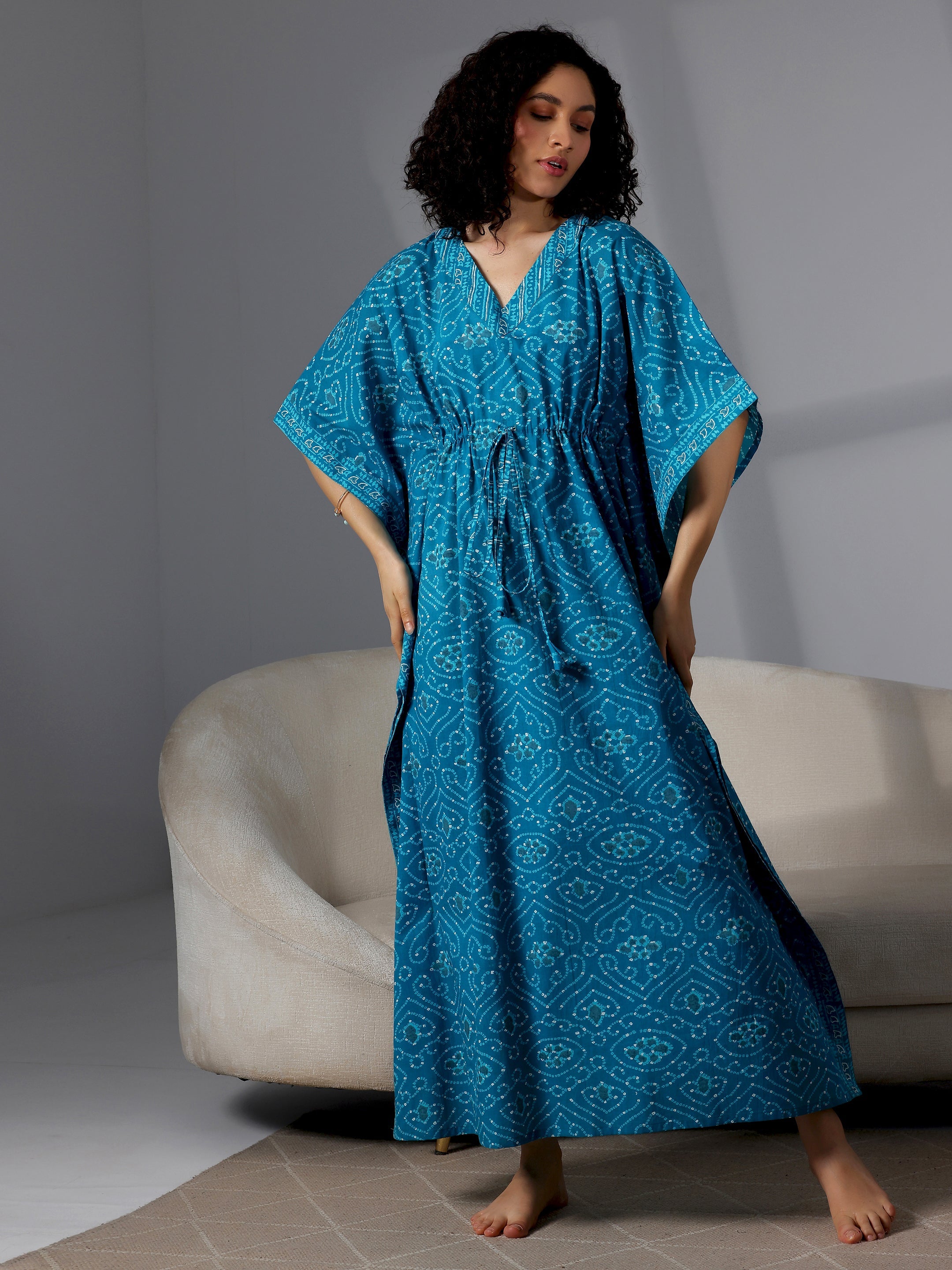 Blue Printed Cotton Kaftan Night Dress