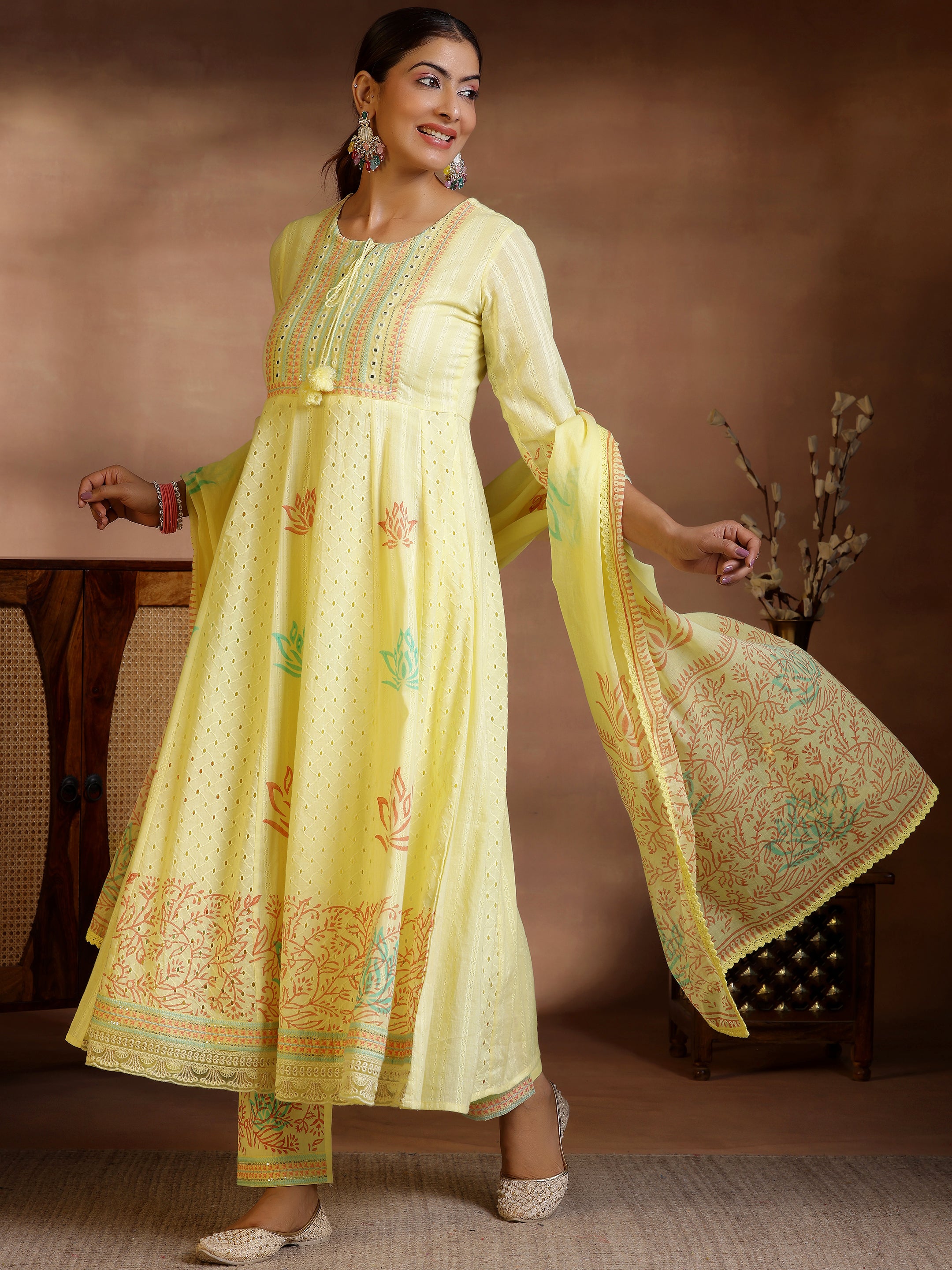 Yellow Embroidered Cotton A-Line Kurta With Trousers & Dupatta