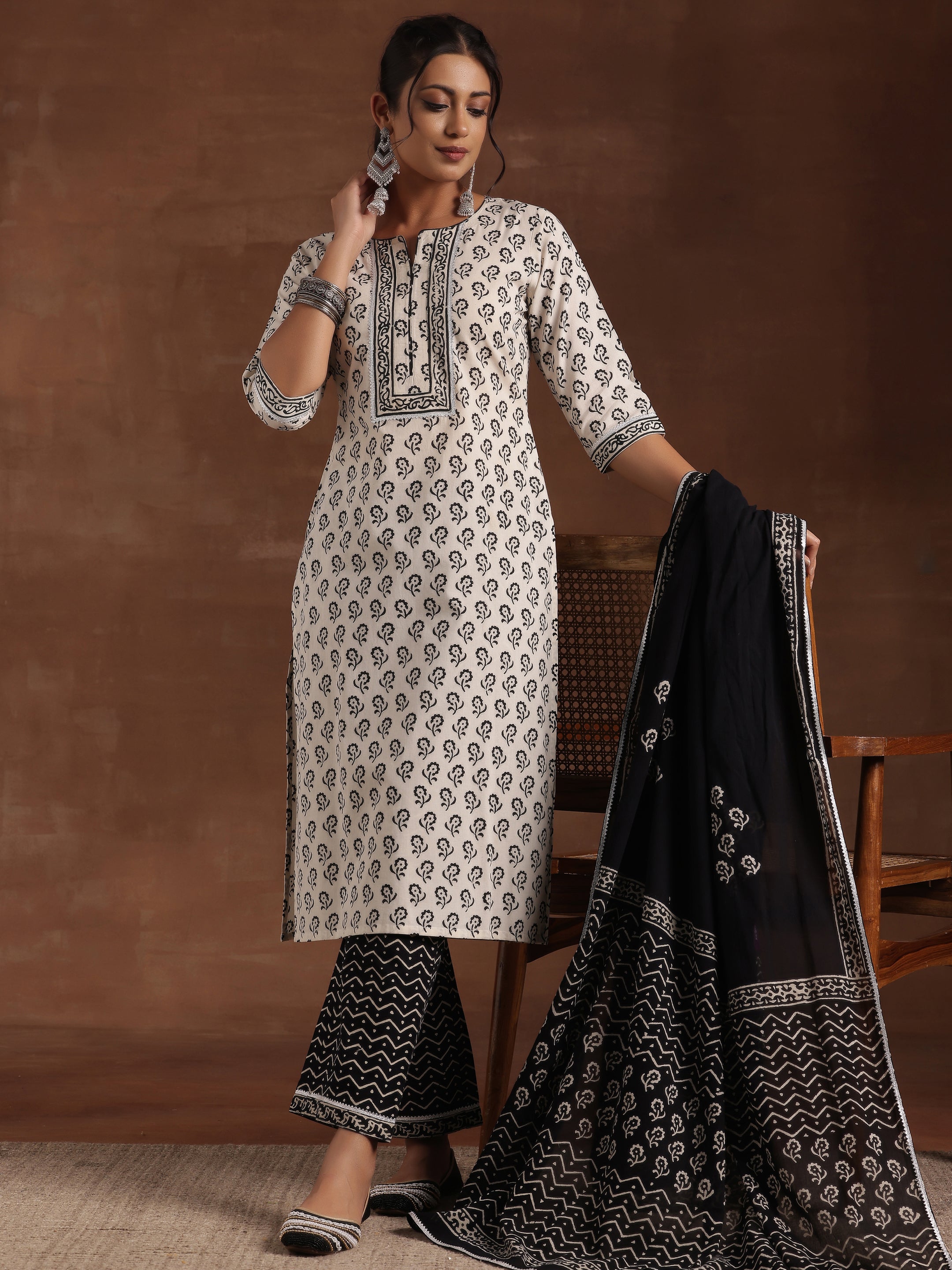 Monochrome Printed Cotton Straight Suit With Dupatta