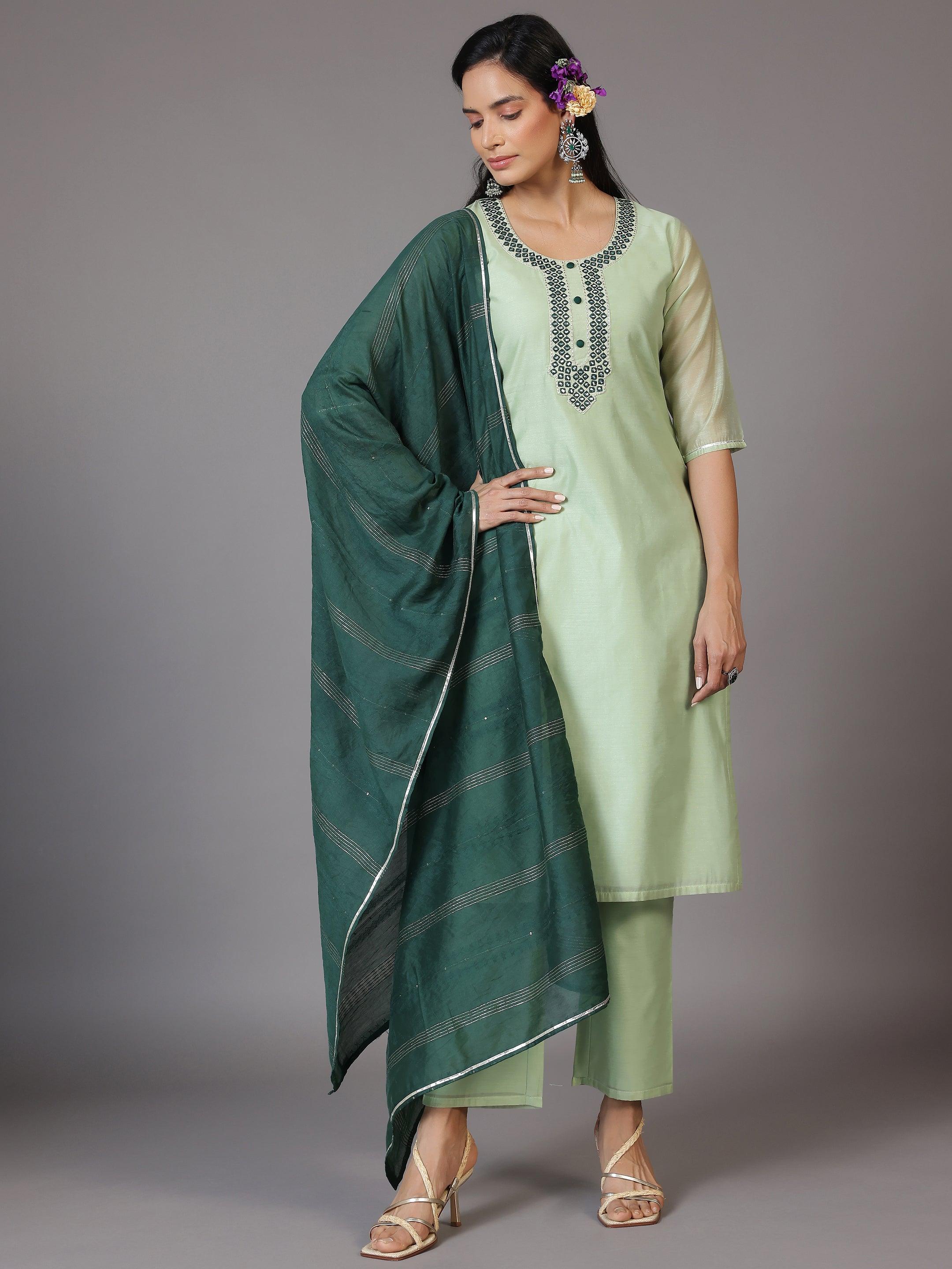 Green Yoke Design Chanderi Silk Straight Kurta With Trousers & Dupatta