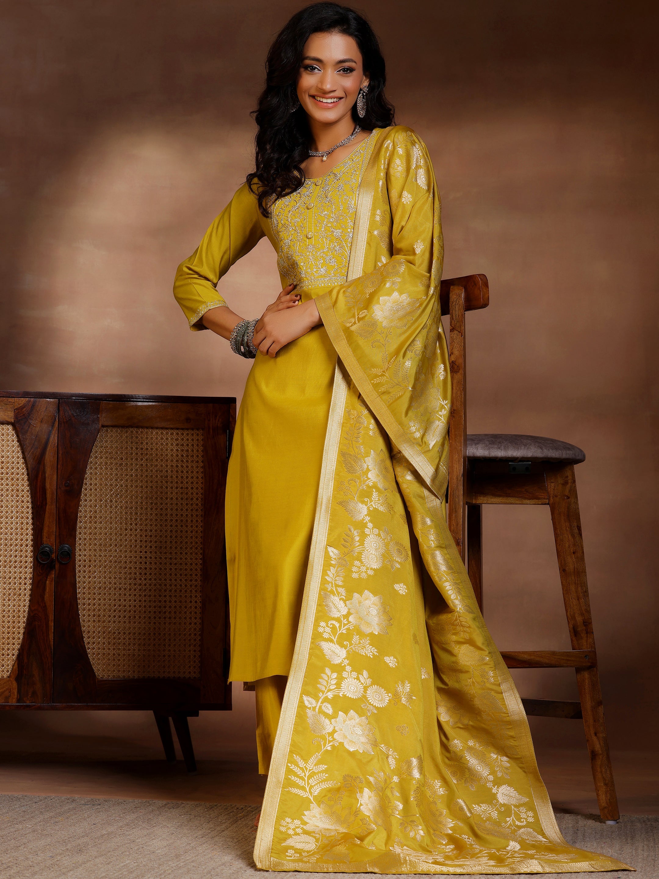 Mustard Yoke Design Silk Blend Straight Suits With Dupatta