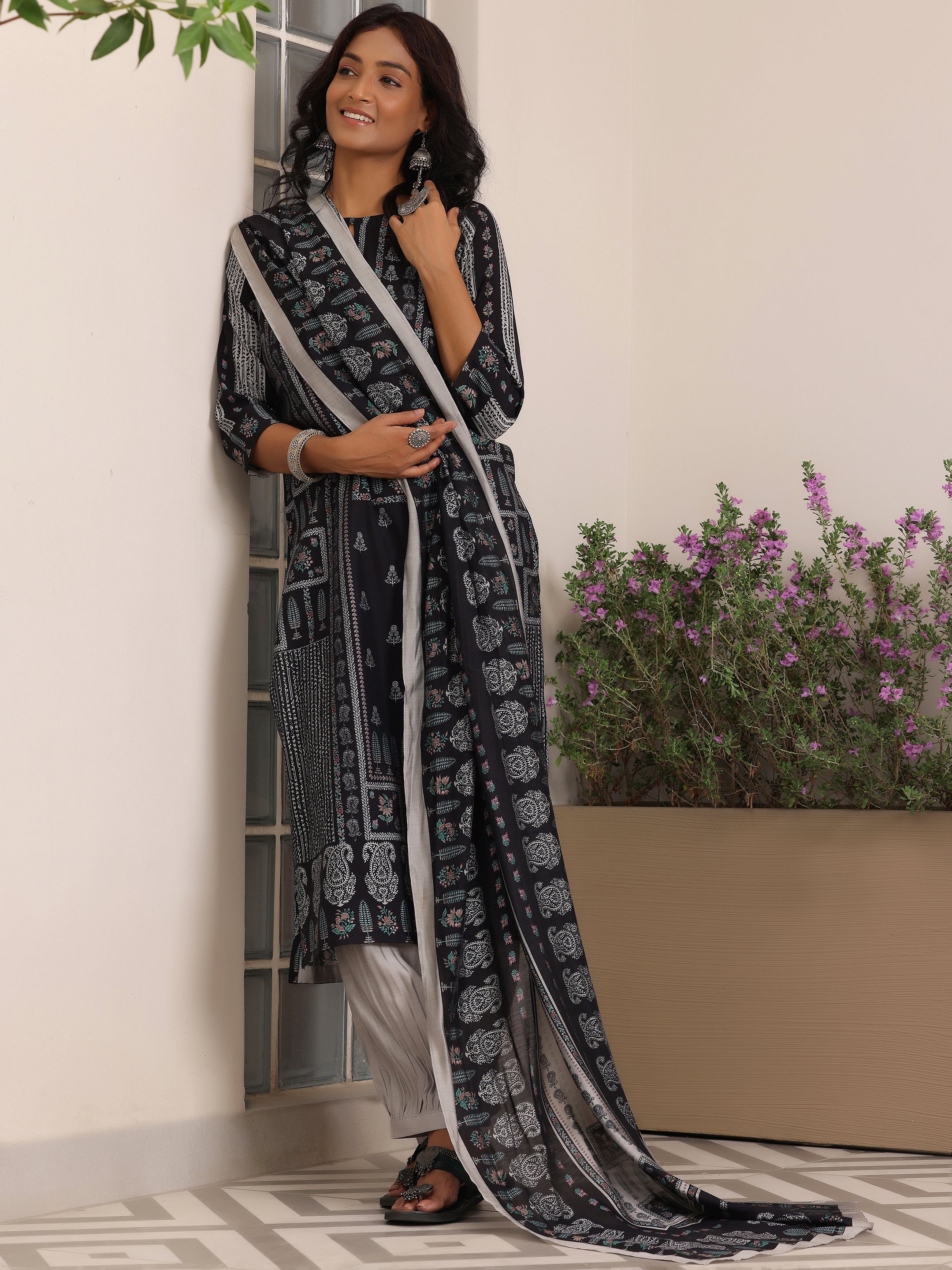 Black Printed Cotton Straight Suit With Dupatta