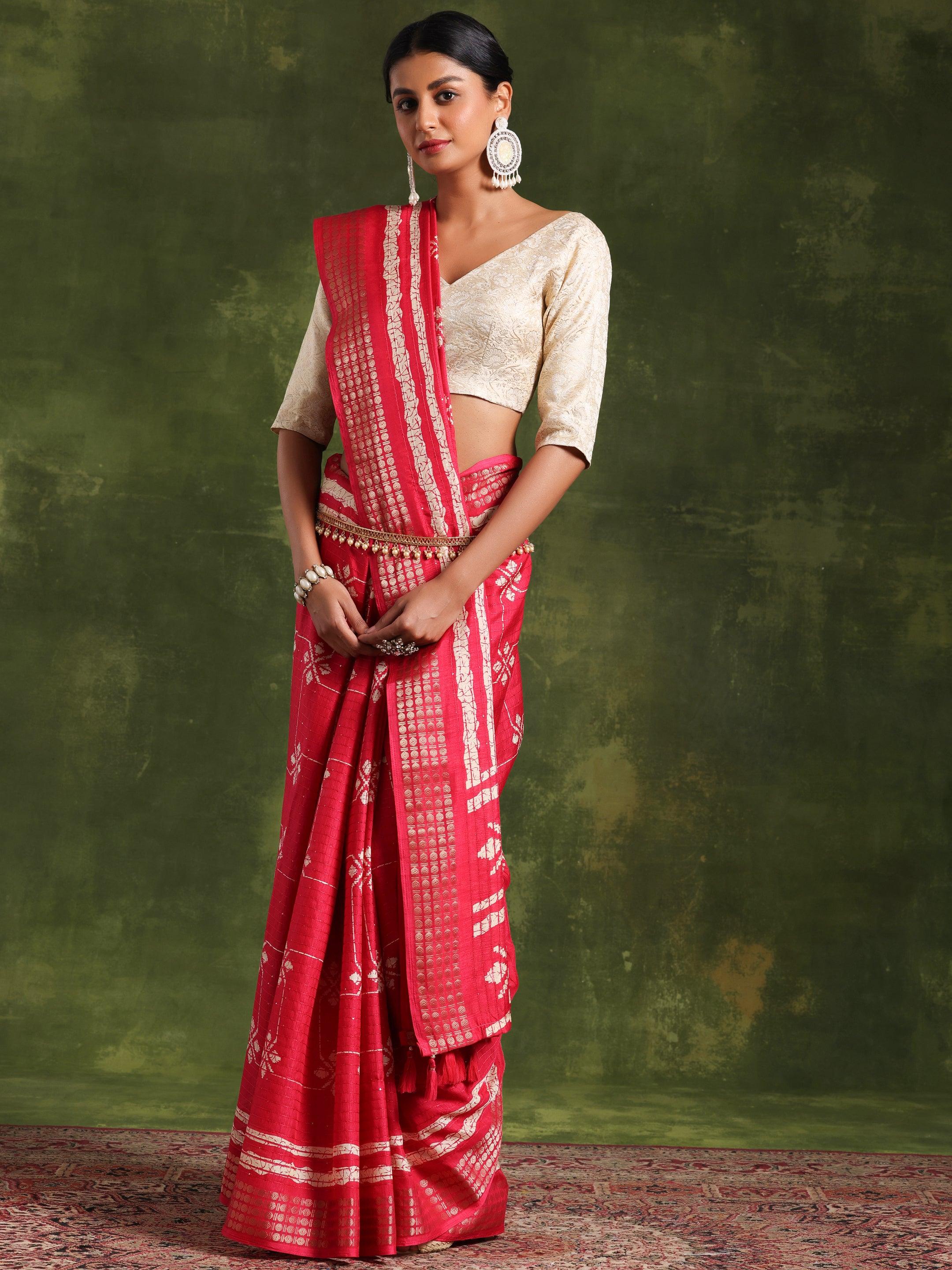 Pink Printed Silk Blend Saree With Unstitched Blouse Piece