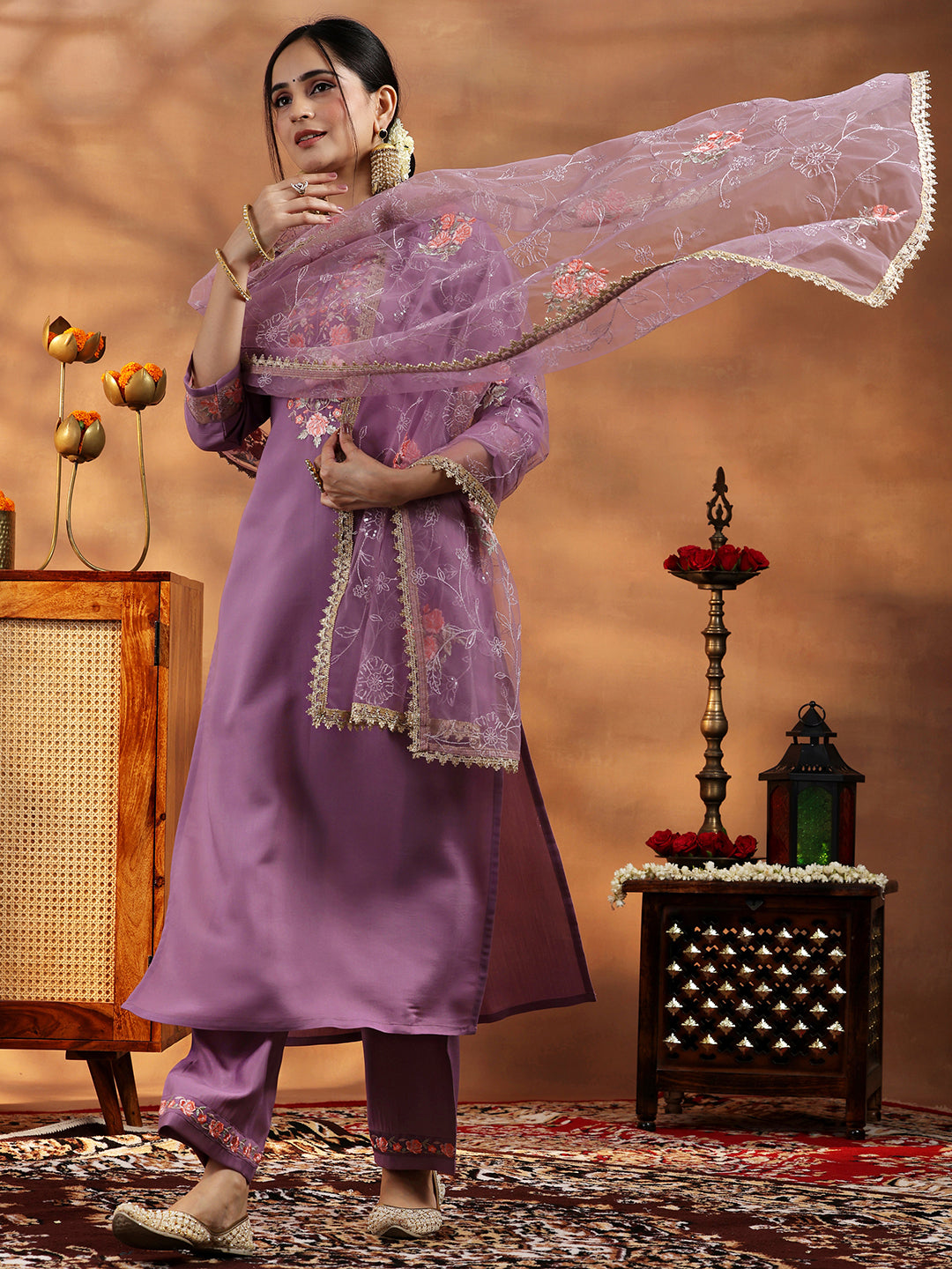 Lavender Yoke Design Silk Blend Straight Suit With Dupatta