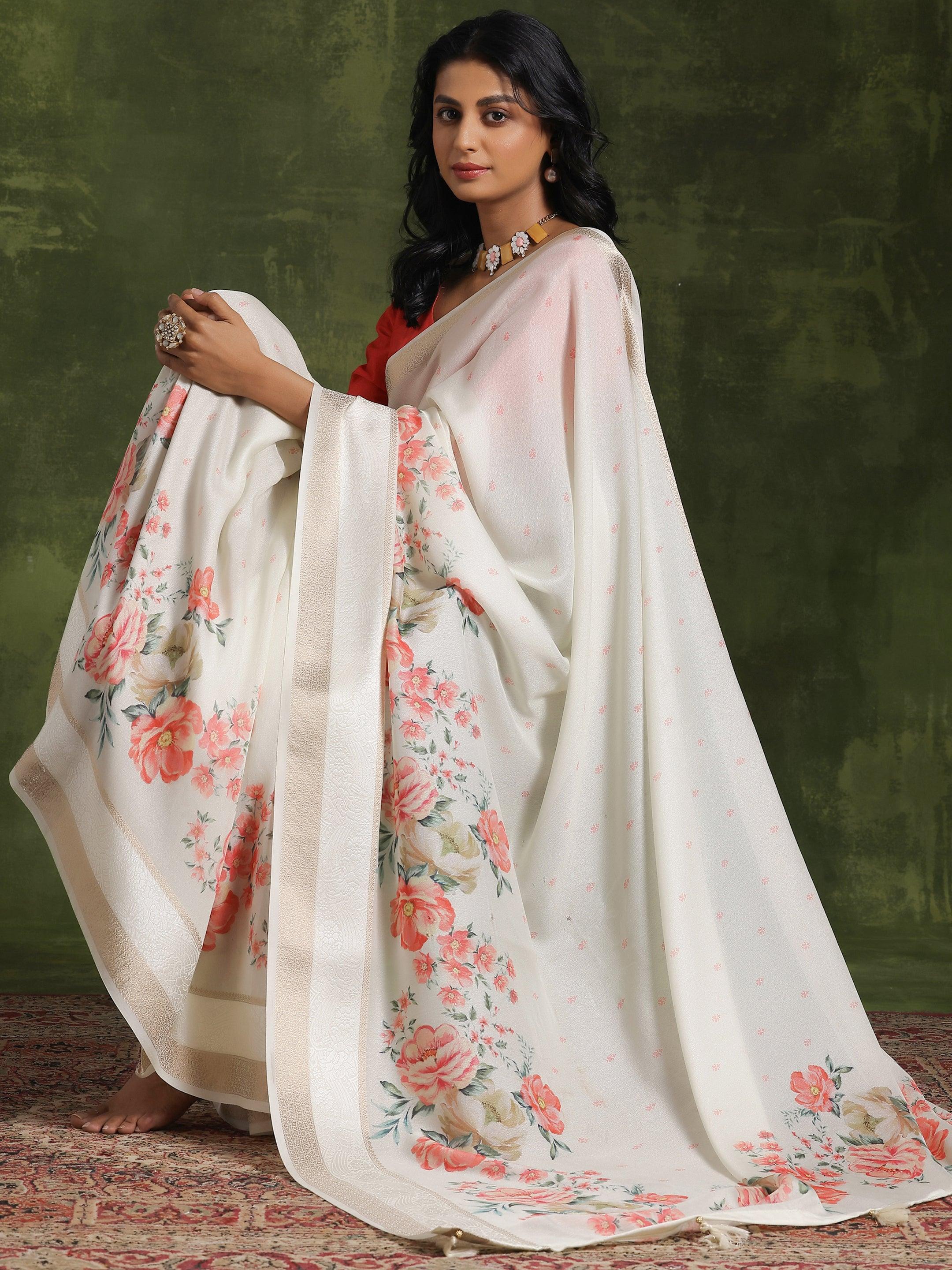 Off White Printed Silk Blend Saree With Unstitched Blouse Piece