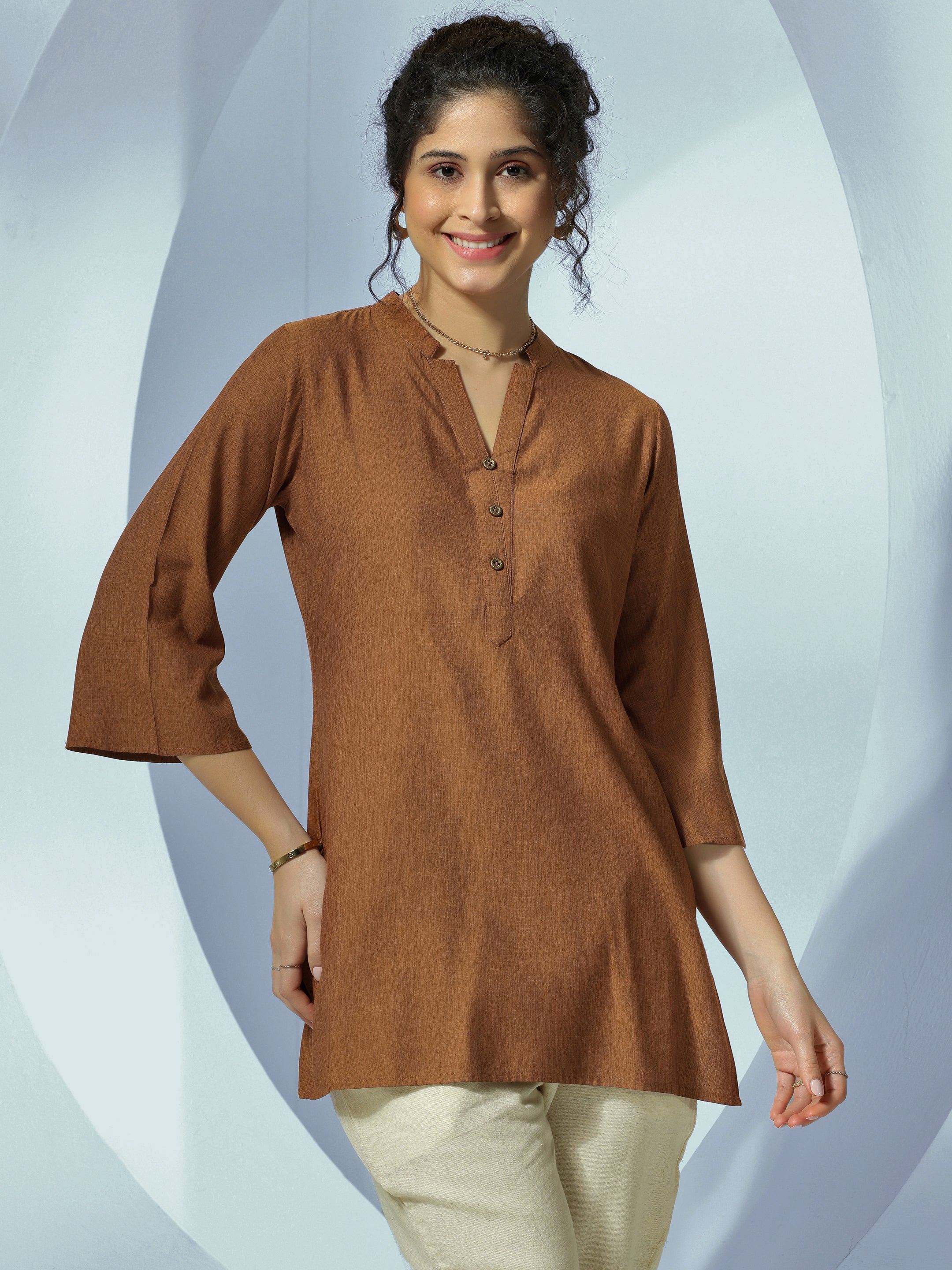 Brown Solid Cotton Blend Straight Kurti