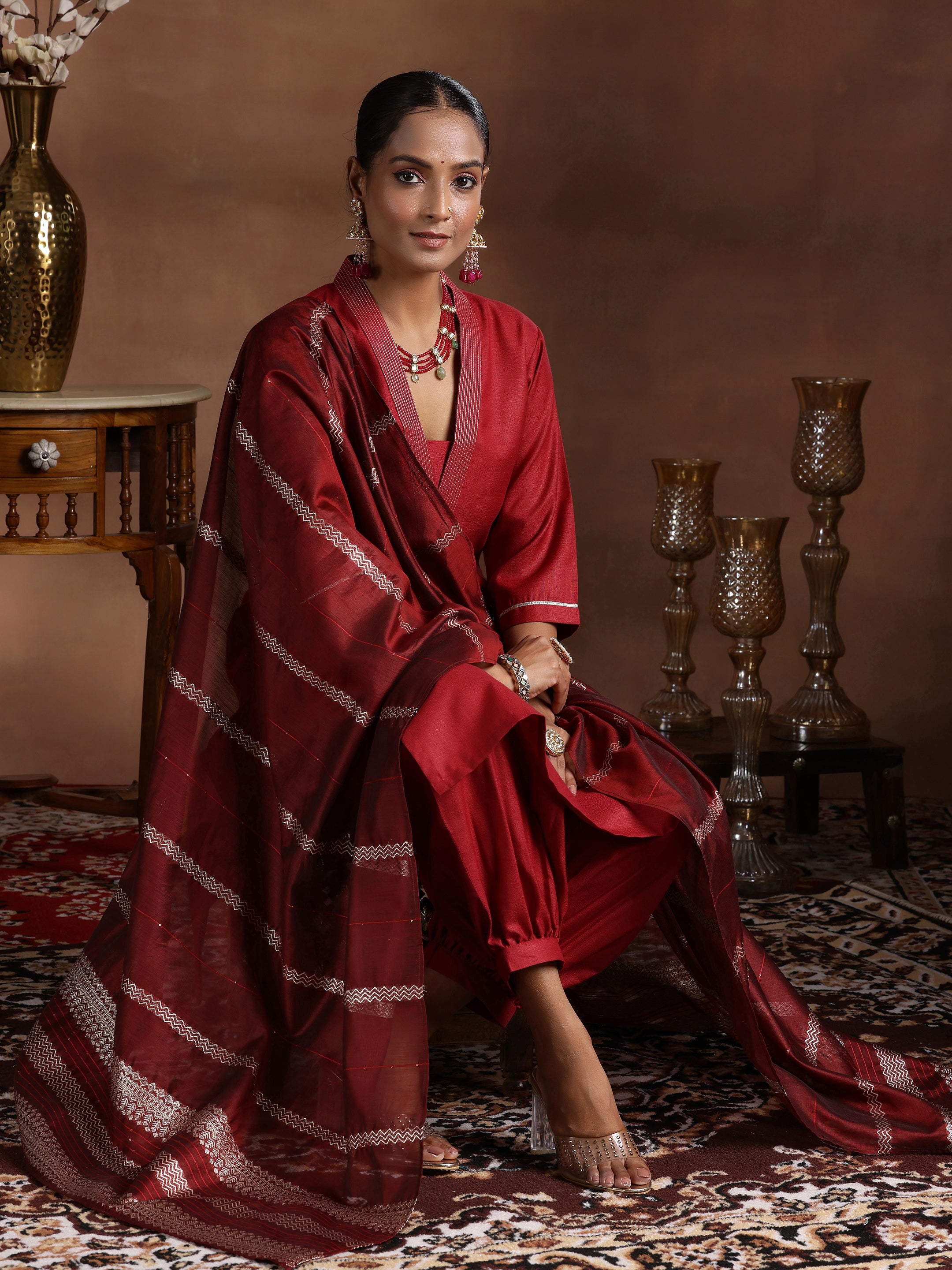 Maroon Solid Silk Blend Straight Suit With Dupatta