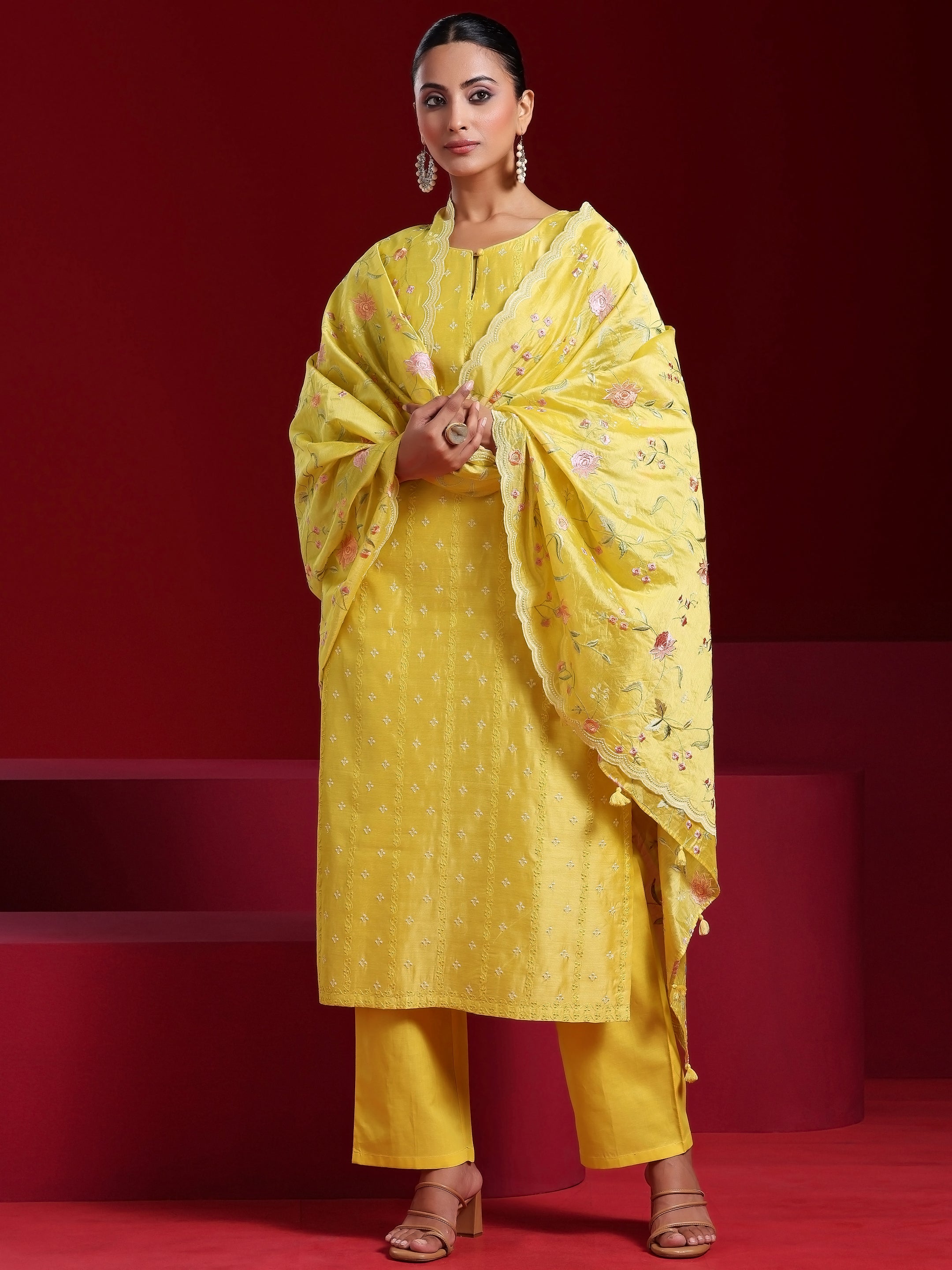 Libas Art Yellow Embroidered Chanderi Silk Straight Suit With Dupatta