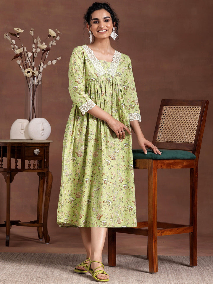 Green Printed Cotton Fit and Flare Dress - Libas